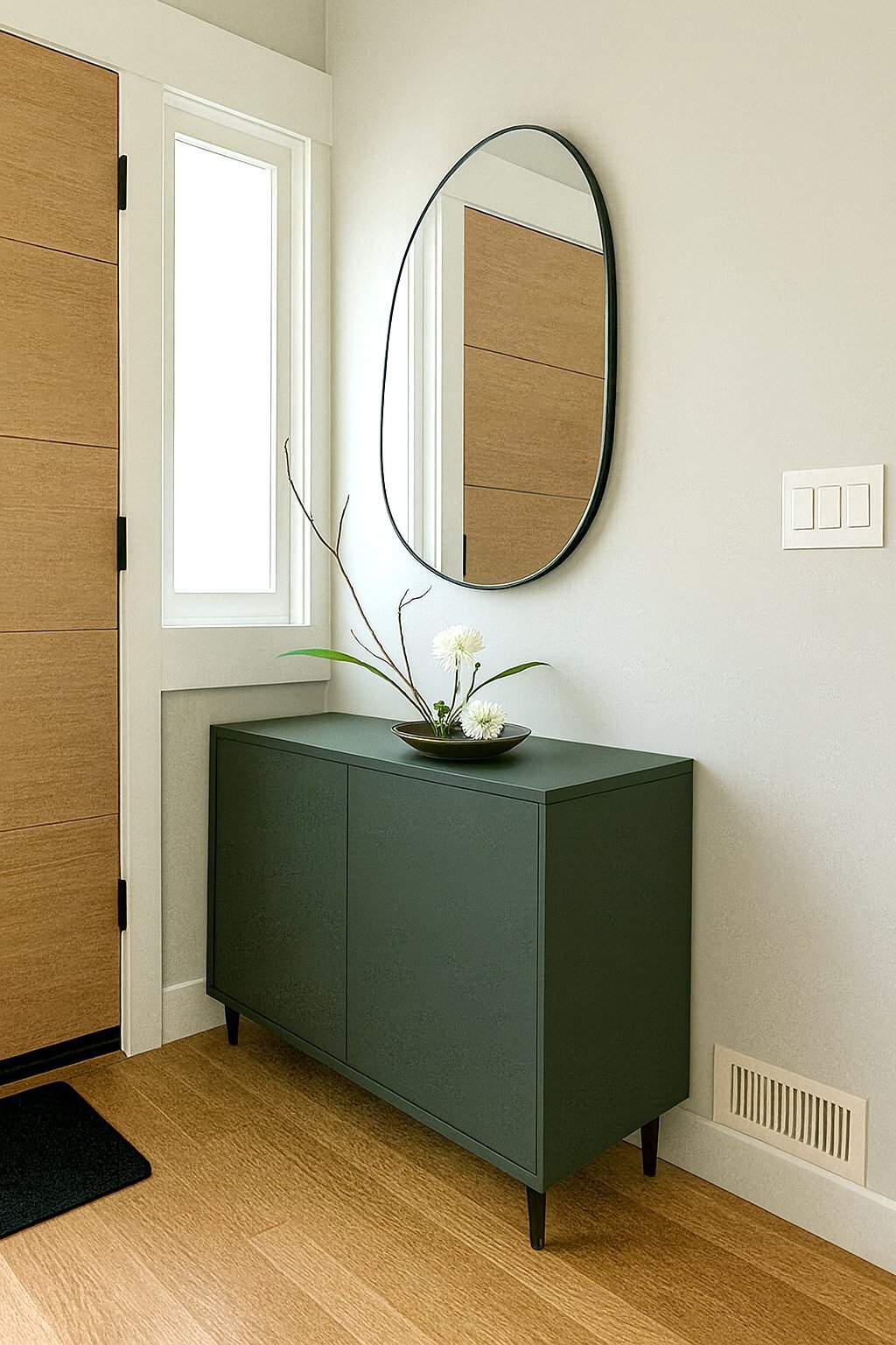  Quiet luxury starts at the front door with our custom forest green console paired with a sculptural mirror. 