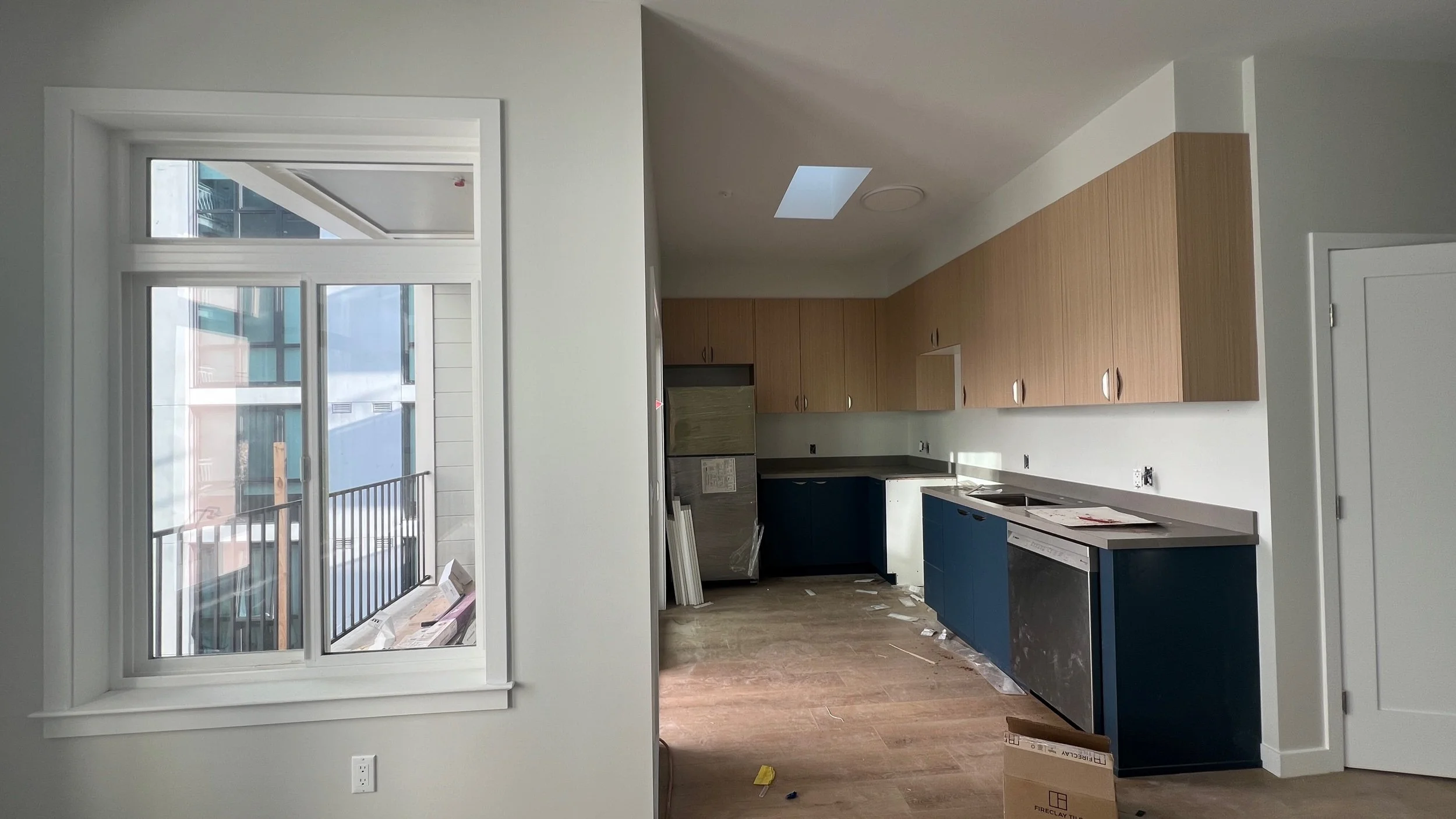  As to differentiate each unit, each Kitchen will have a unique finish palette with the top floor paired with navy base cabinets &amp; white oak upper cabinets. 