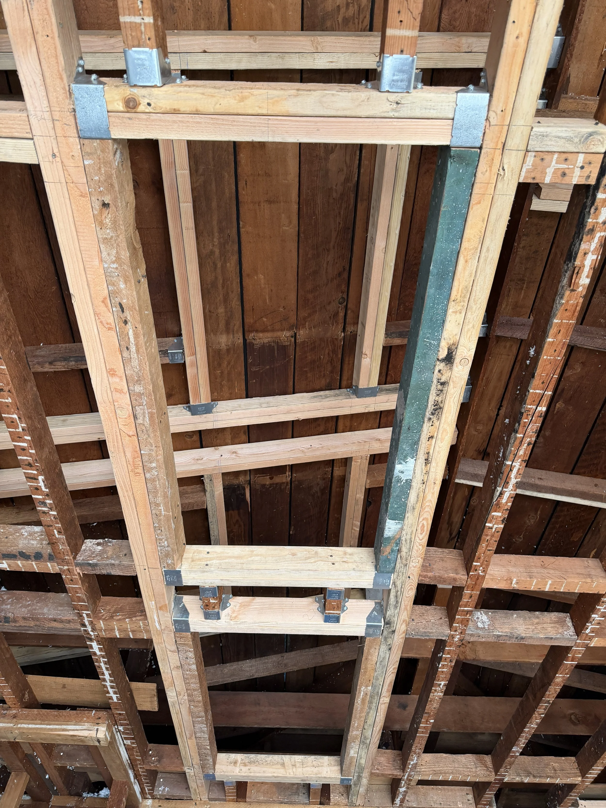 The interior framing for new skylights.