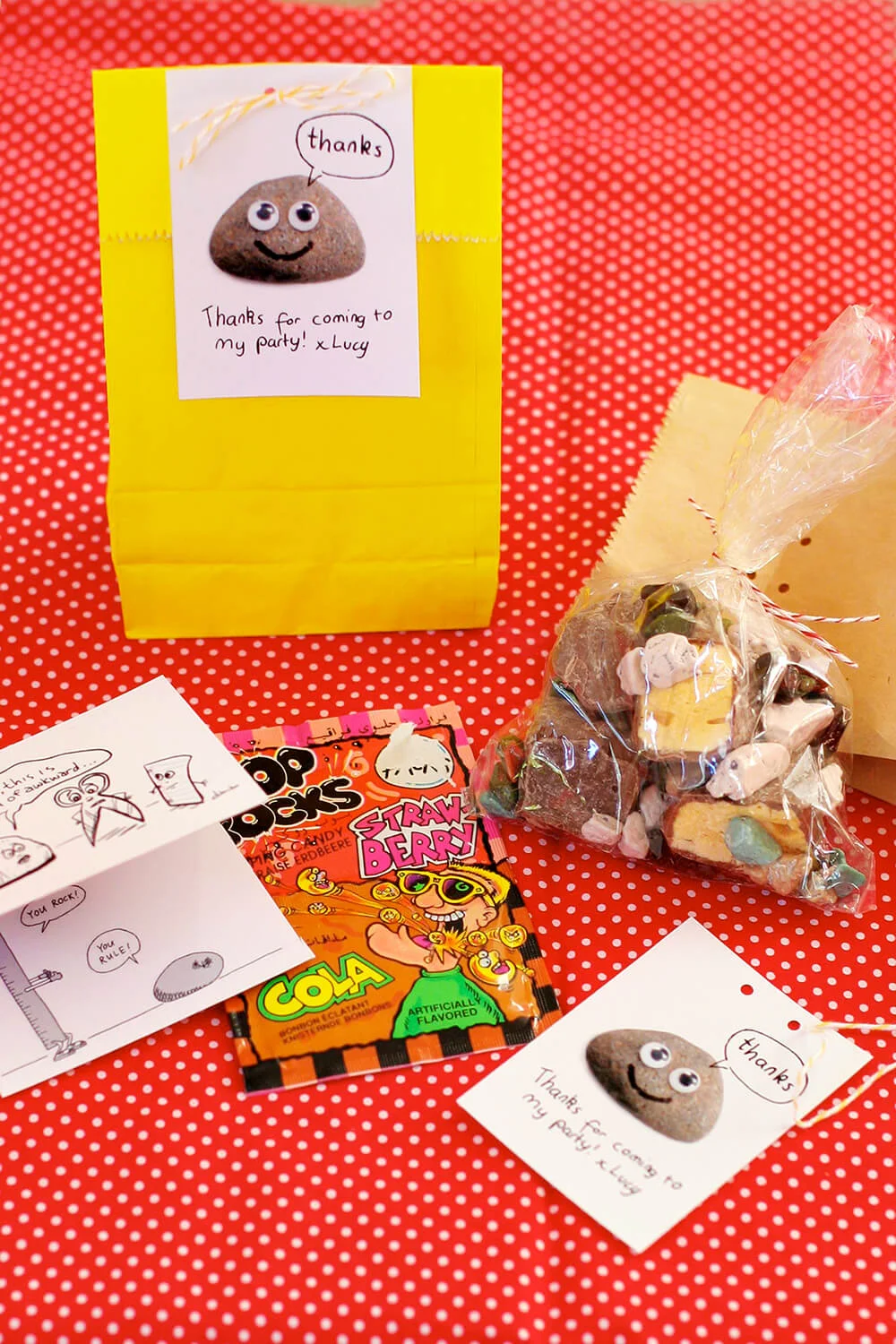 We had A LOT of fun putting together the party favour bags! Rock candy, honeycomb, rock jokes and pop rocks.