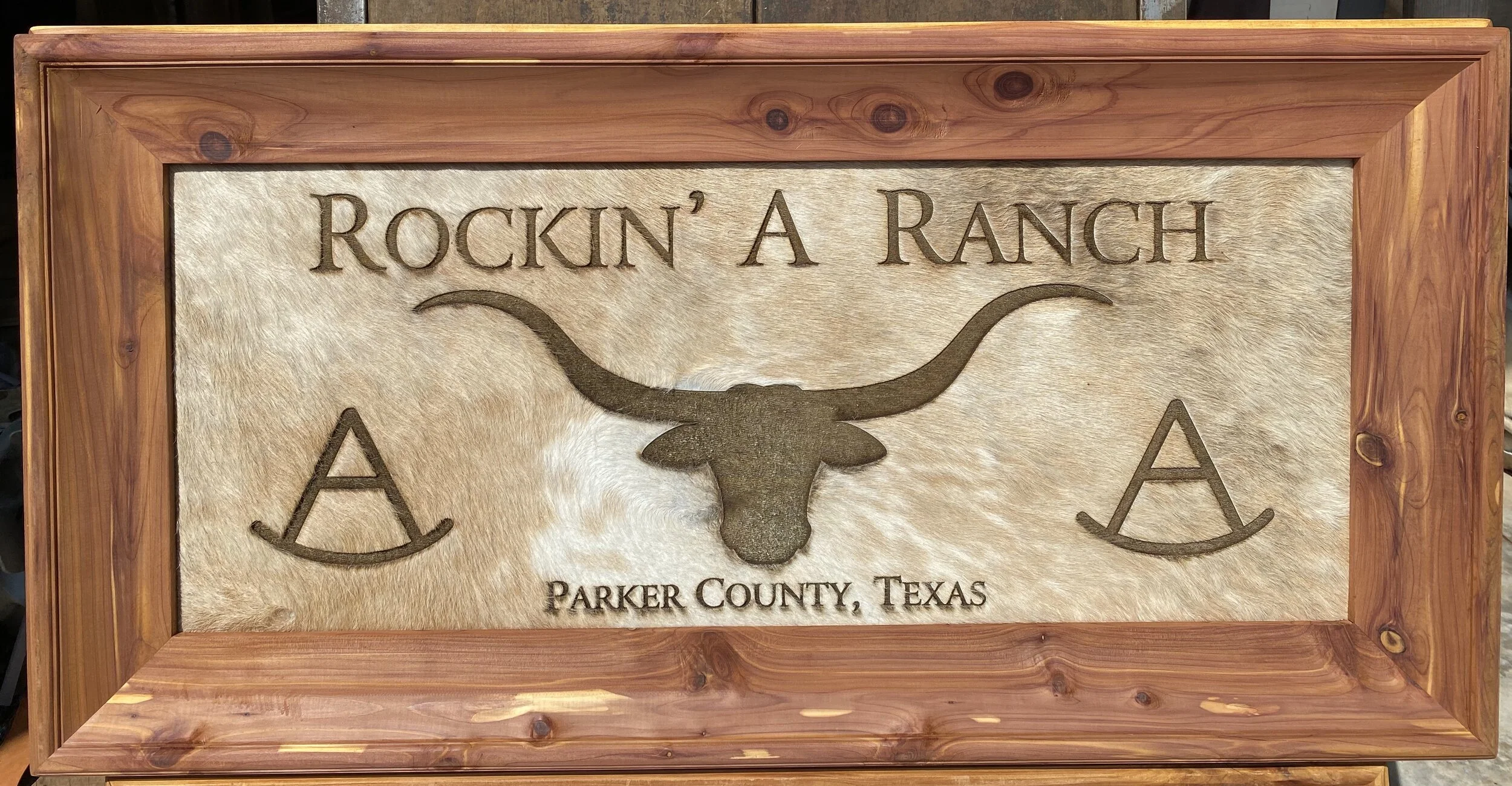 Customized cedar framed cowhide laser art