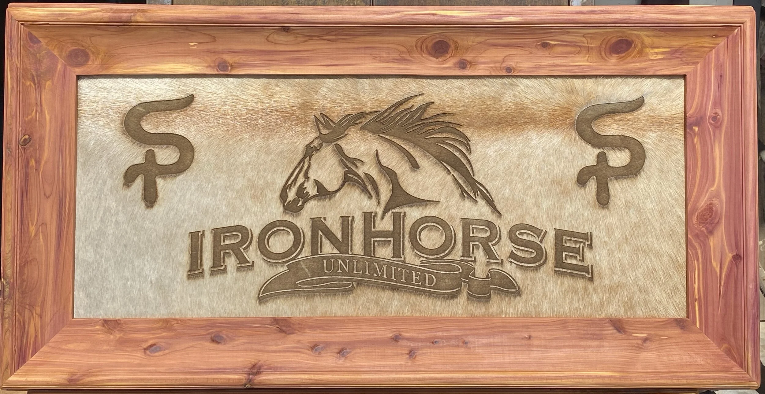 Customized cedar framed cowhide laser art