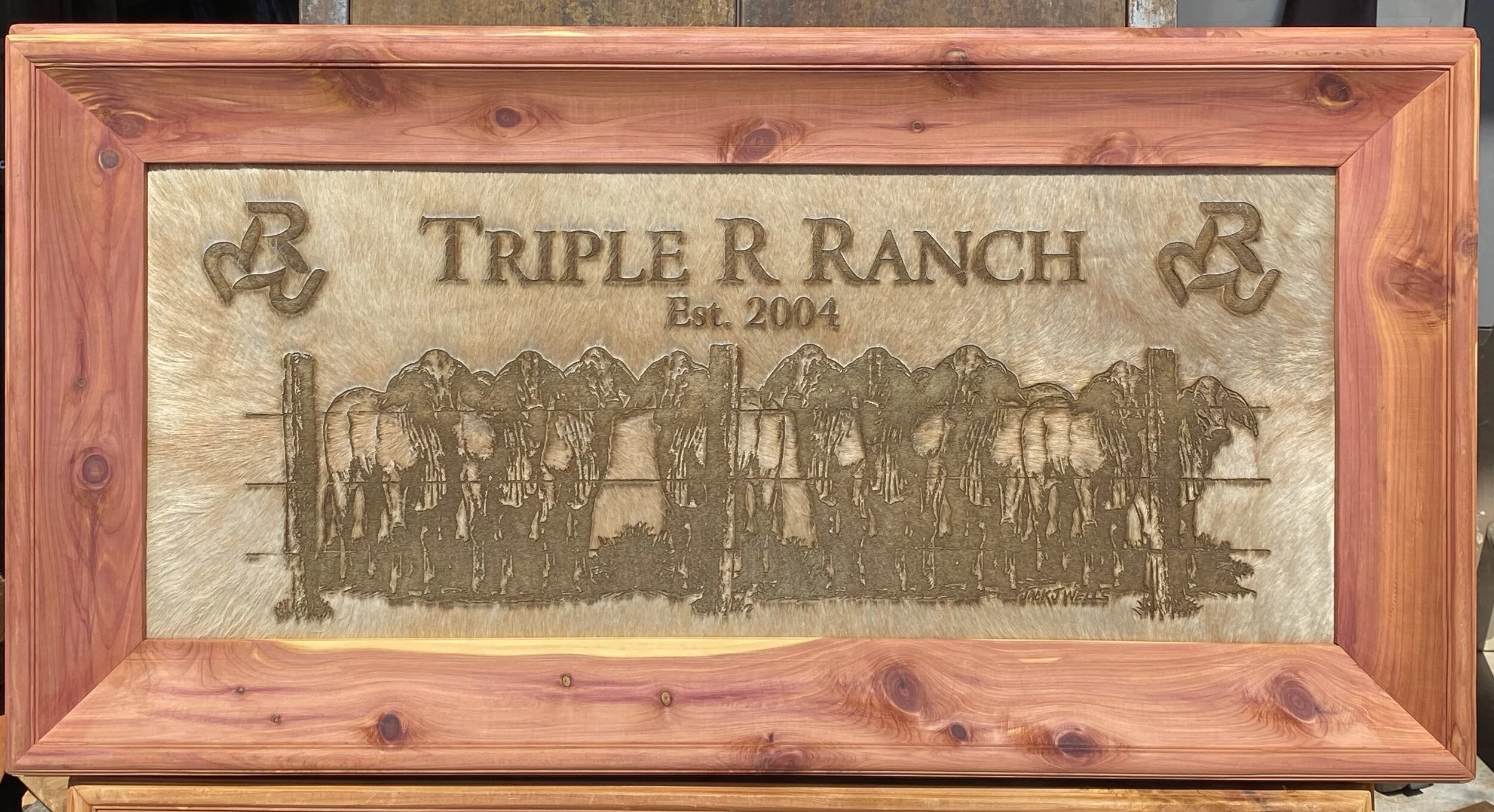 Customized cedar framed cowhide laser art