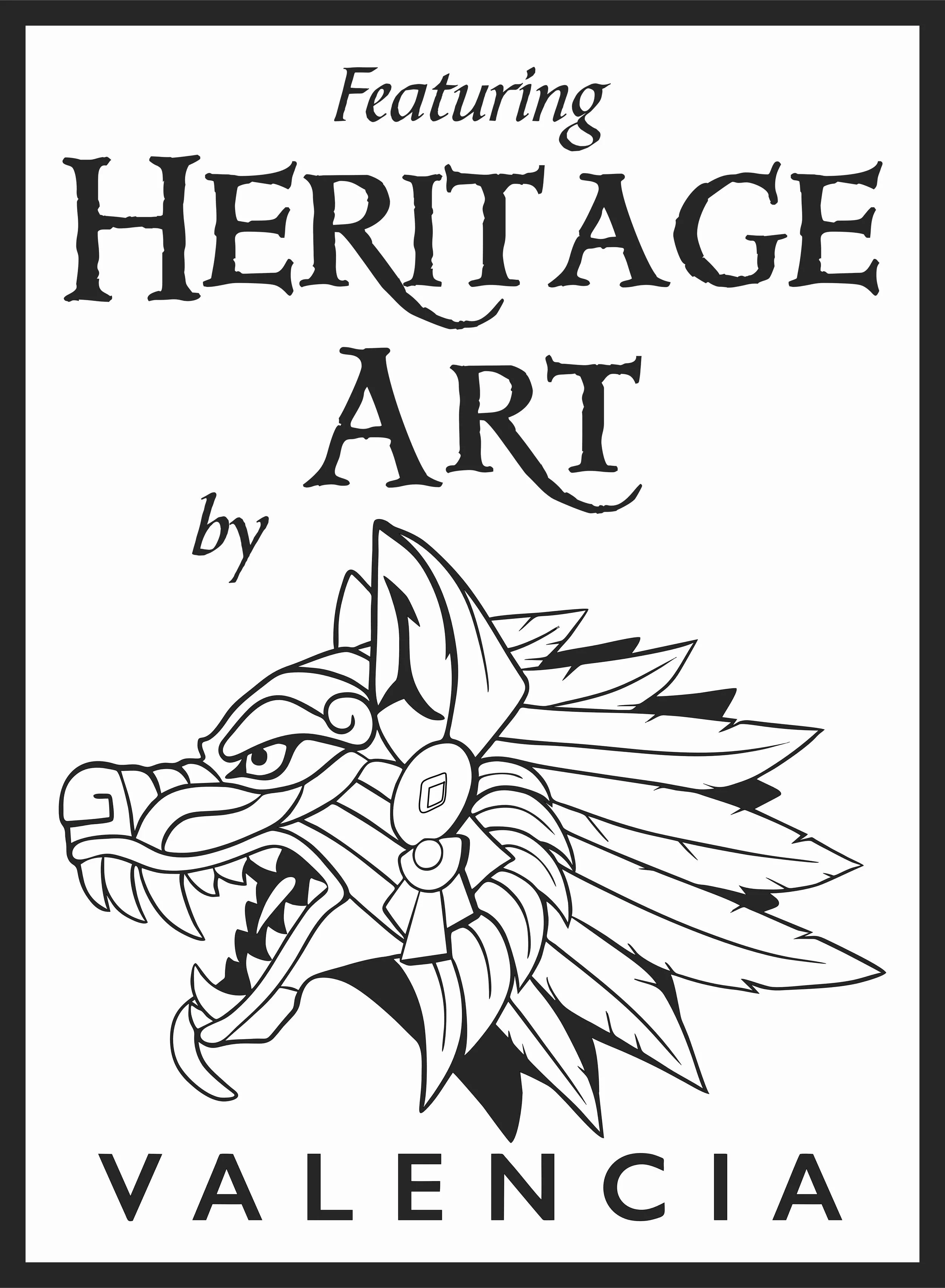 Black and White image of traditional styled native wolf head art with text Heritage Art by Valencia