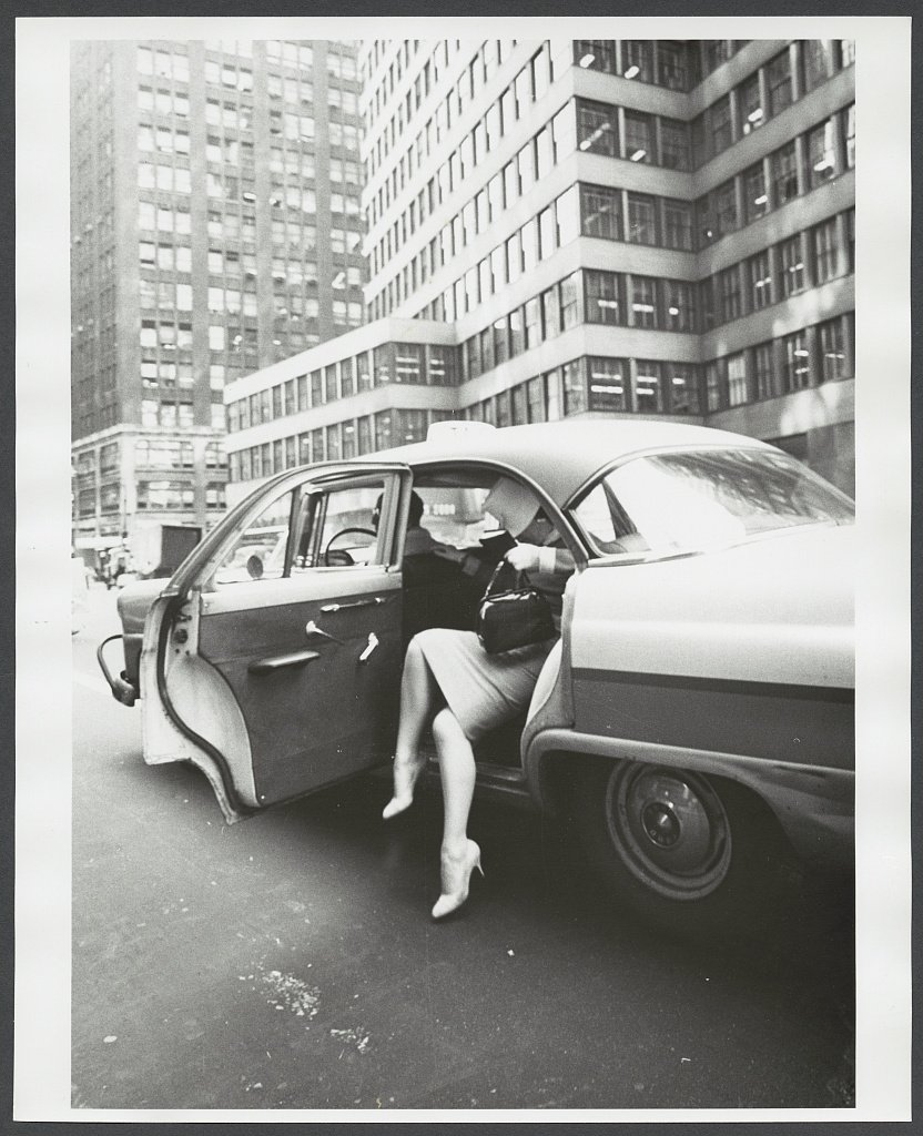    The Library of Congress   , Unidentified woman exiting a taxi in New York City,  Rizzuto, Angelo,, 1906-1967,, photographer. 06/1959 [June 1959],  No known copyright restrictions  