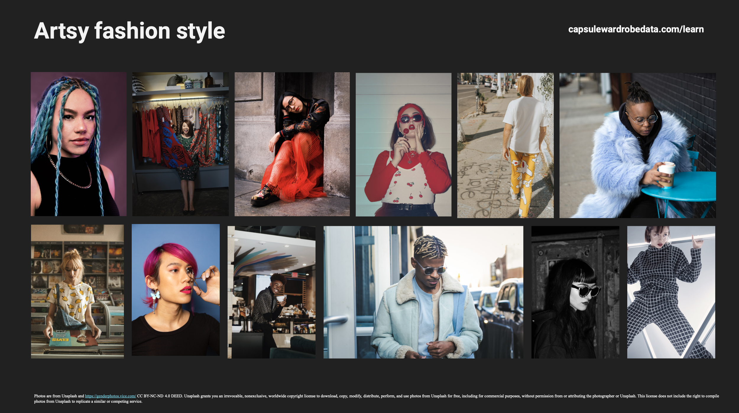 Photo collage of men and women wearing artsy outfits including fashion hair colors, graphic patterns, bright and black colors