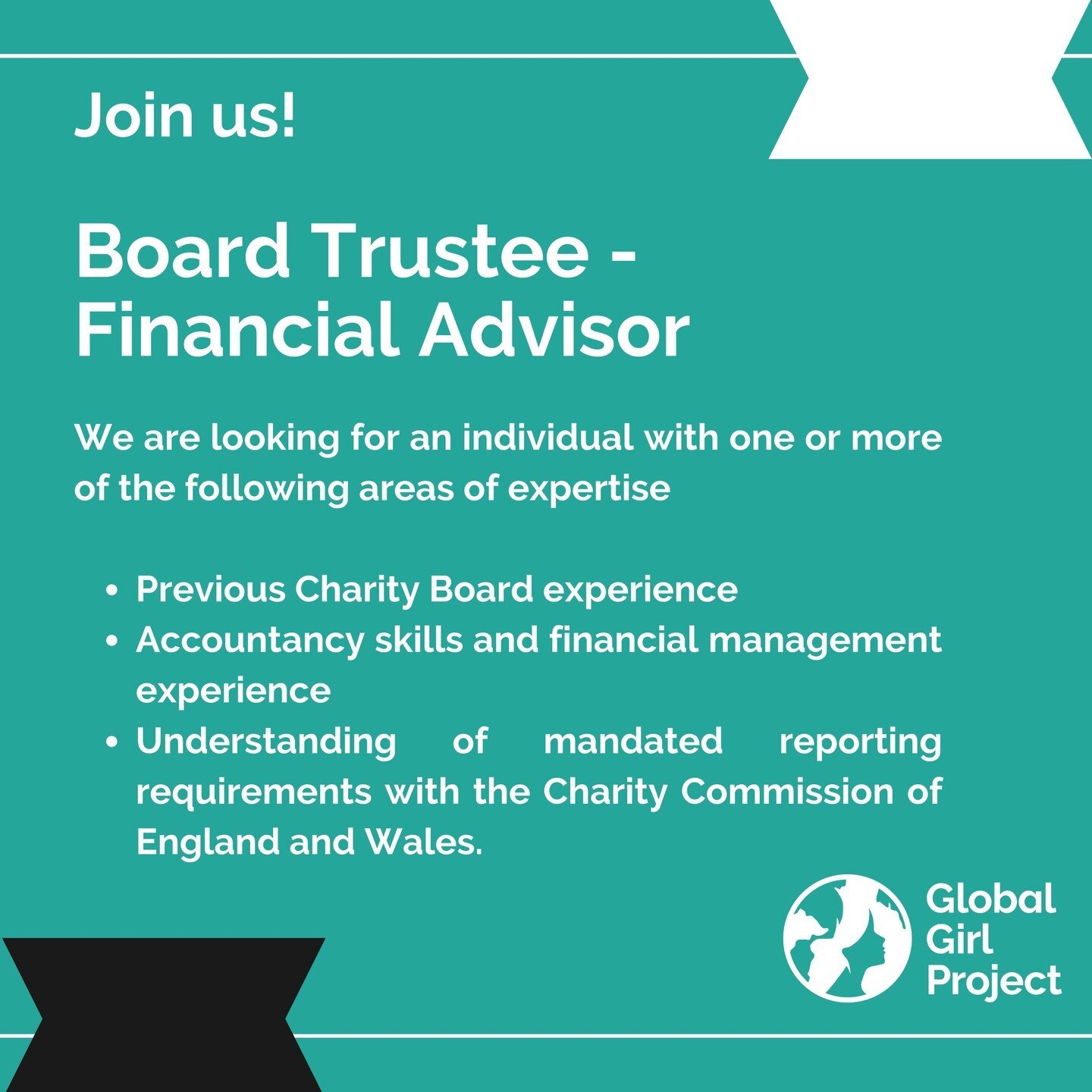 Have you been looking for a board role? Join our international charity as the Financial Advisor.

For more information on the role and the application process, head to the link in our bio to take a look at our JD.

#GlobalGirlProject #BoardRole #Soci