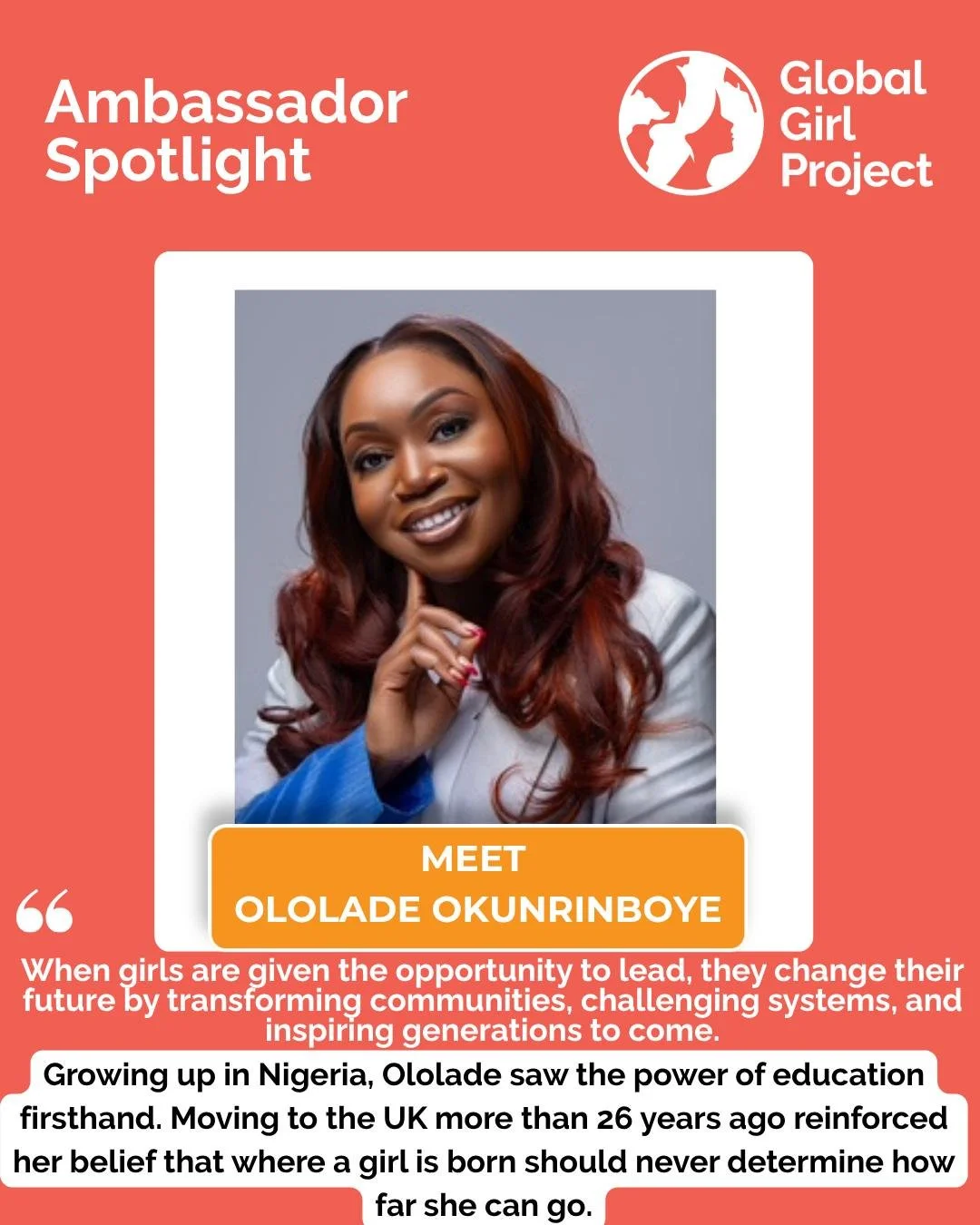 Meet Our Global Changemakers Ambassador: Ololade Okunrinboye!

"When girls are given the opportunity to lead, they change their future by transforming communities, challenging systems, and inspiring generations to come."

Growing up in Nige