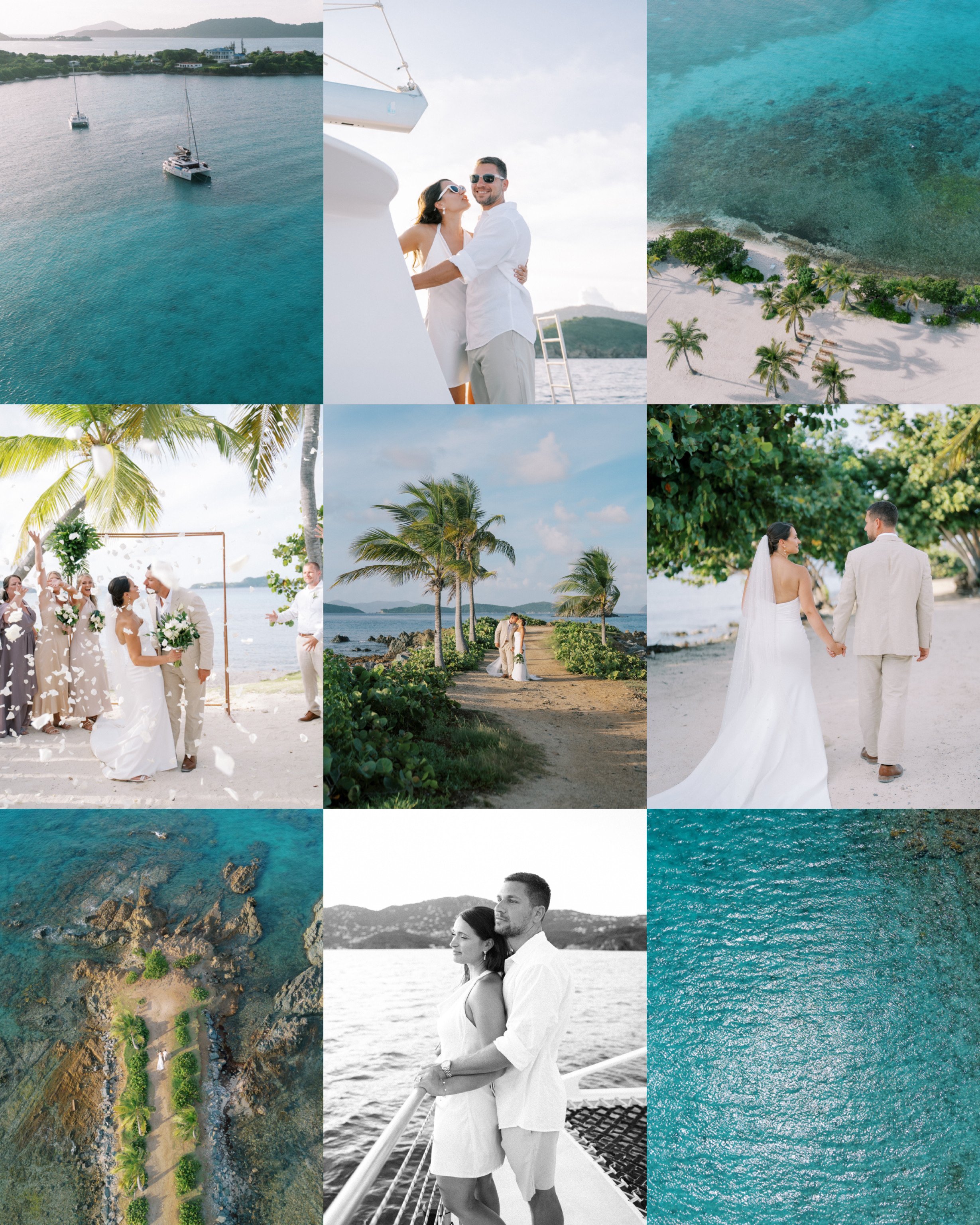 Series of photos featuring a beach wedding on a tropical island, with couples in wedding attire, palm trees, ocean views, and boats.