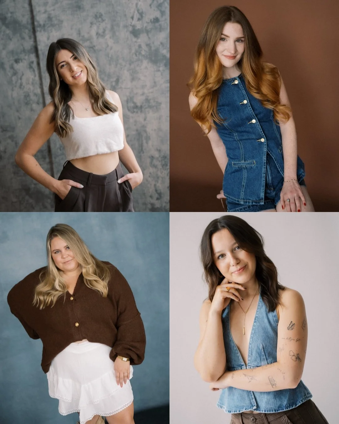 Collage of four women posing for portraits. Top left wearing a sleeveless white crop top and dark trousers, standing against a textured gray background. Top right with long red hair, wearing a denim vest and shorts, sitting against a brown background
