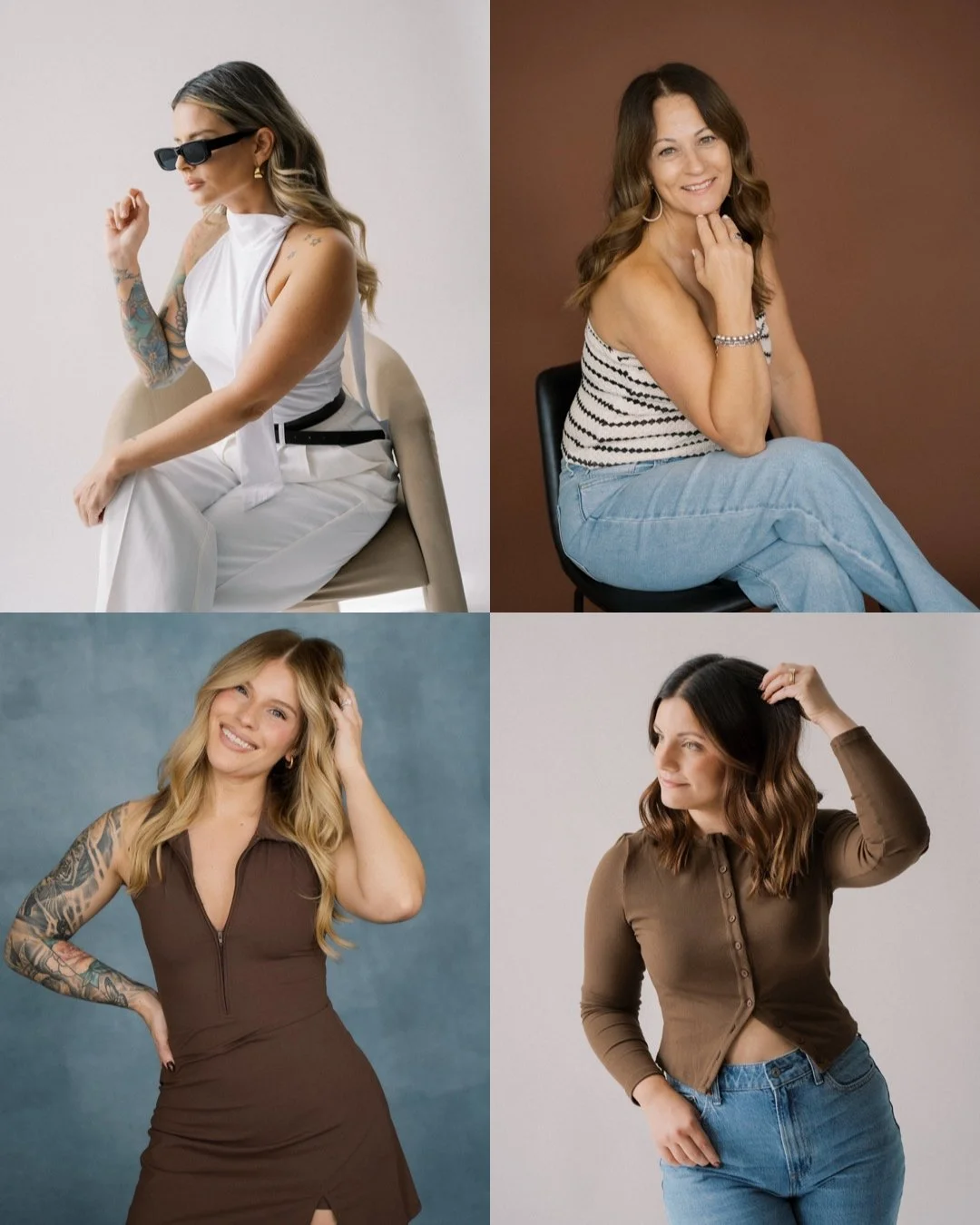 Four women with different hairstyles and outfits, sitting or standing in various poses against different background colors.