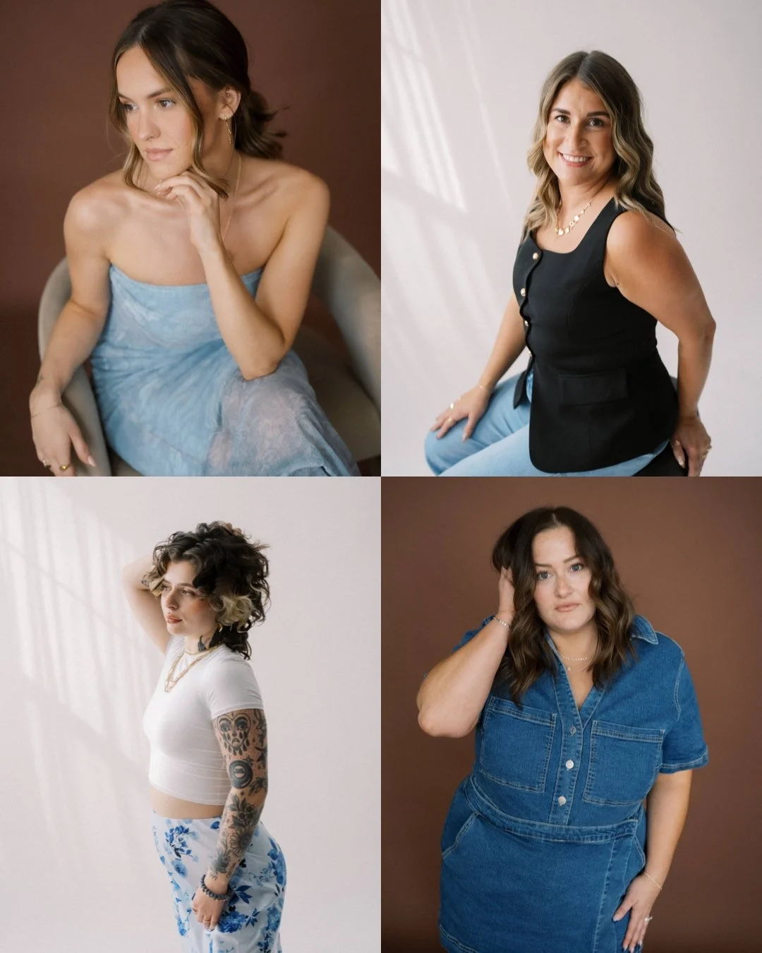 Collage of four women in portrait photos. Top left: woman with brown hair, seated, wearing a blue strapless dress, looking to her left. Top right: woman with wavy brown hair, smiling, in a black sleeveless vest and light blue jeans, sitting against a