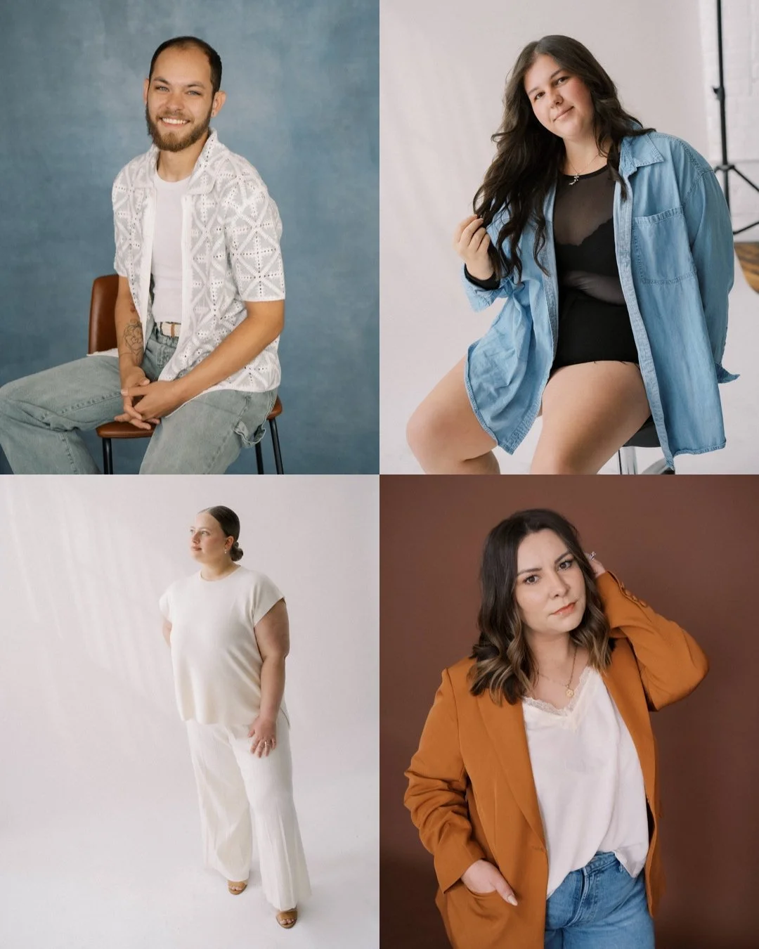 Collage of four portraits of different women and men, each in a casual or studio setting.
