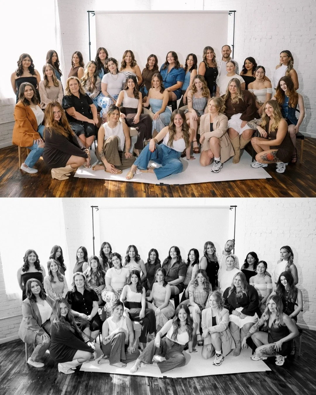 Group portrait of diverse women and a man in a photography studio with a white backdrop, many smiling and sitting or standing.