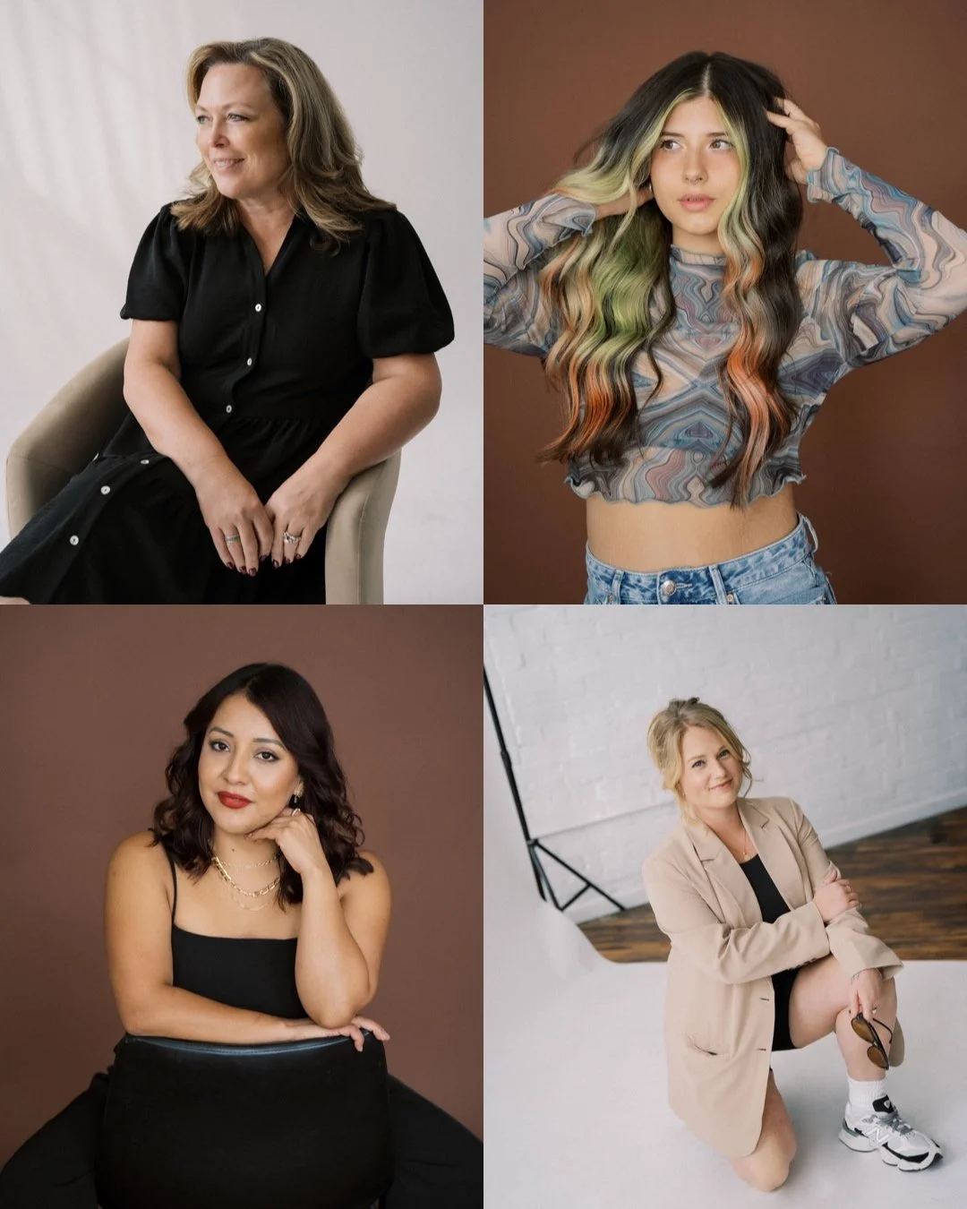 Collage of four women in studio and indoor settings with different backgrounds and fashion styles. Top left: woman with shoulder-length light brown hair, wearing a black dress, sitting on a beige chair. Top right: woman with long wavy hair with color