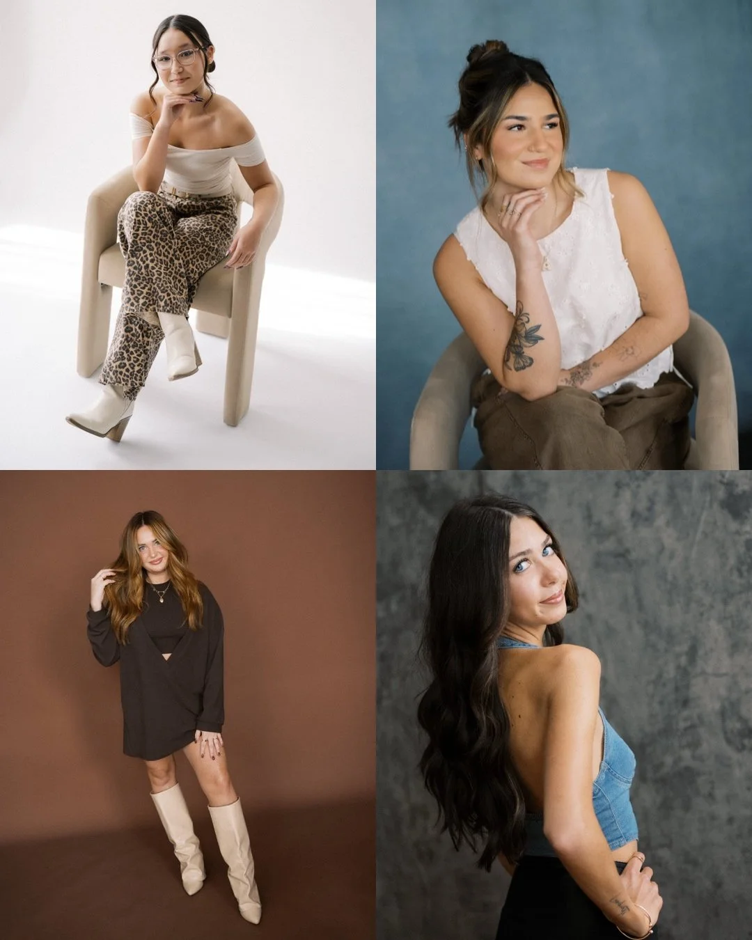 Four women in individual portraits, each with different clothing and backgrounds, posing with confident expressions.