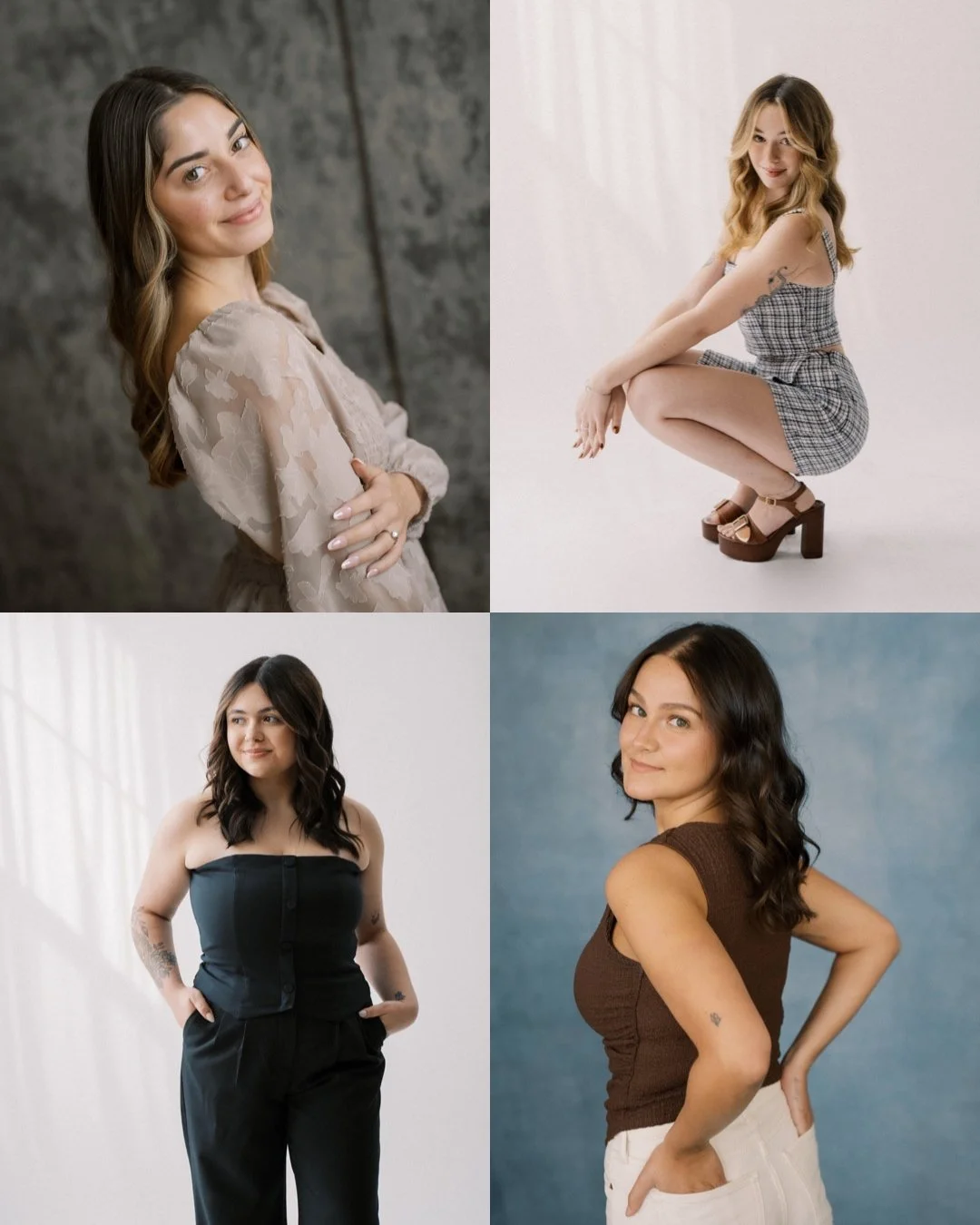 Collage of four women posing for portraits indoors. The woman in top left has long brown hair, wearing a beige dress, standing against a textured gray wall. The woman in top right has wavy blonde hair, wearing a plaid outfit, squatting with heels on 