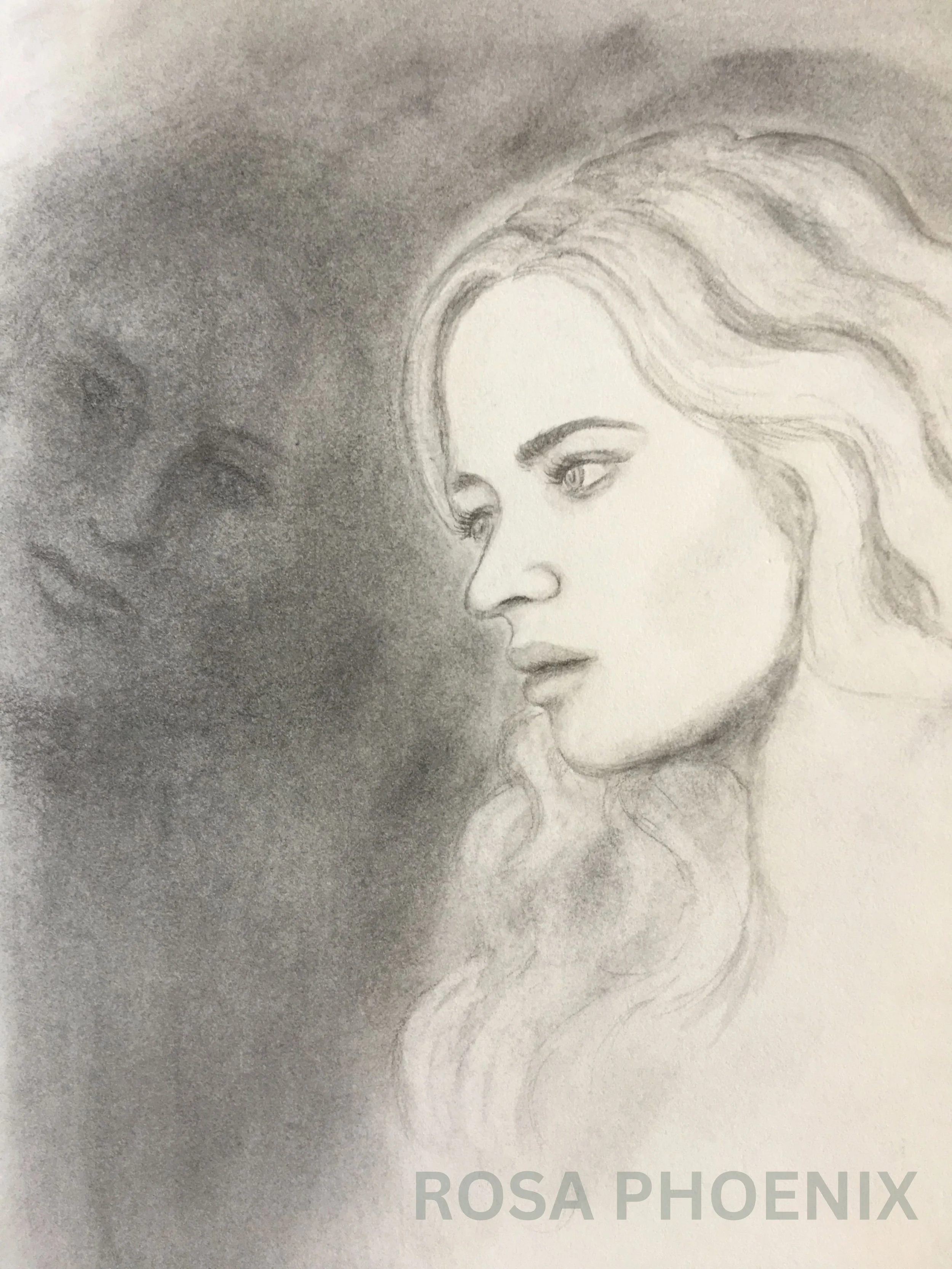 pencil drawing of a young woman with her reflection in the window next to her.