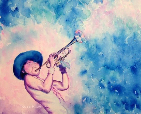 watercolor painting of a trumpet painter by Rosa Phoenix, in pink and blue colors