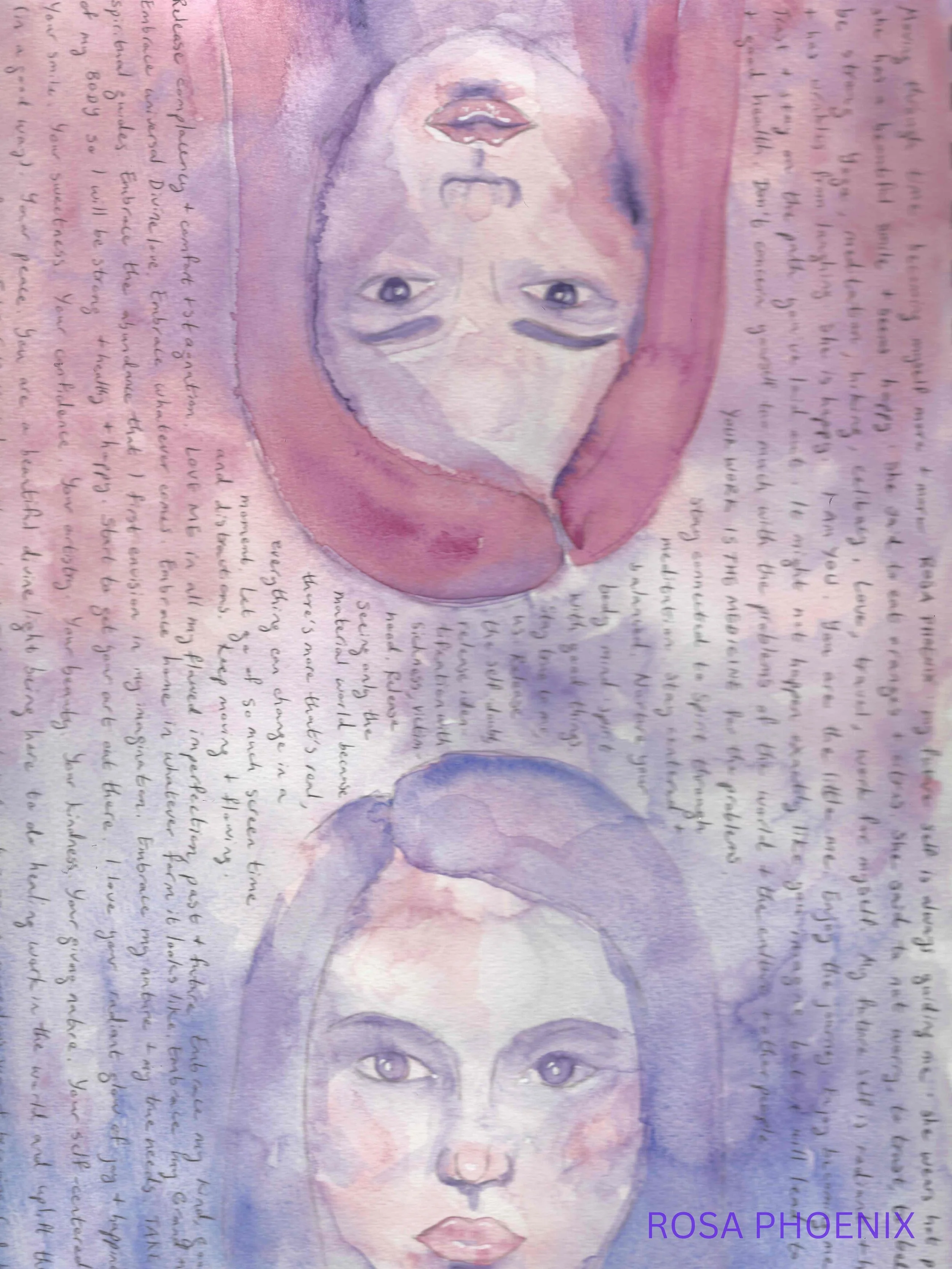 art journal page by Rosa Phoenix with watercolor faces and handwriting