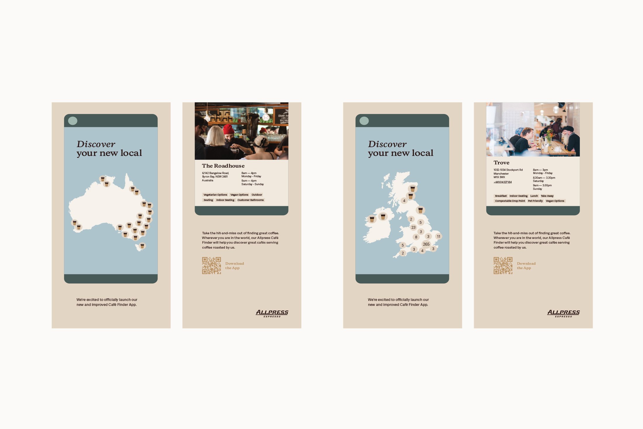  Allpress Espresso: Allpress Café Finder app launch, print and social campaign assets produced. 