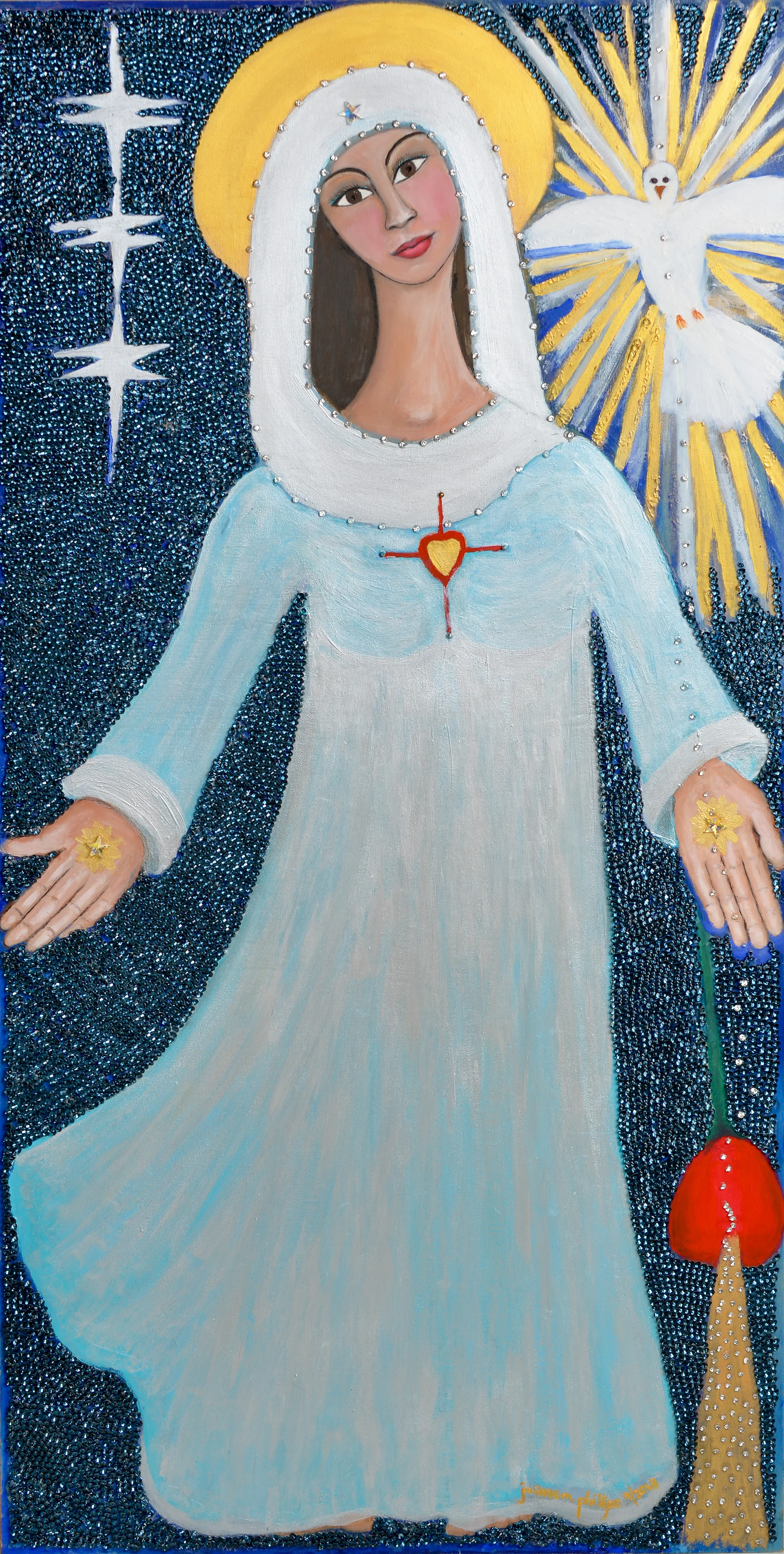 Blessed Mother with Holy Spirit, 24” x 48” Acrylic, gouache and Swarovski crystals on wood.