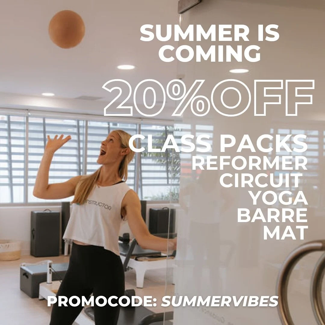 Move into summer feeling your best, Our Class Packs are now 20% off as part of our Summer Sale.
☀️ Build consistency, boost confidence, and enjoy movement that makes you feel incredible, Reformer, Pilates Circuit, Yoga, Barre, Mat and more.
 Use prom