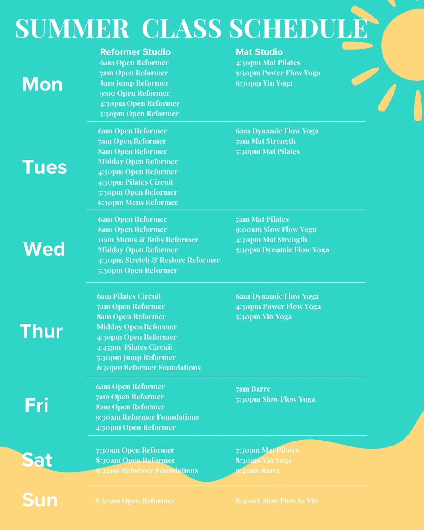 ☀️ Our Summer schedule is out and starts January 3rd!
We&rsquo;ve added some exciting extras, including a brand new Mat Strength class, Jump Reformer, plus more Pilates circuit, mat, barre &amp; yoga 🙌🏻