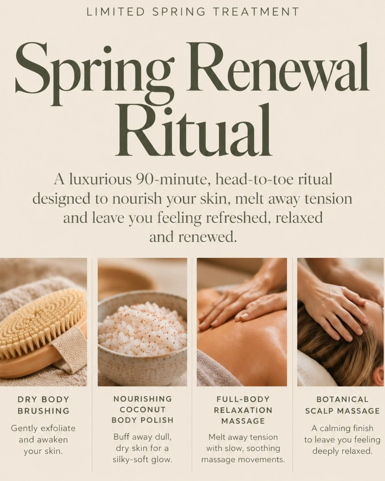 90 minutes. Just for you. 
Introducing our NEW Spring Renewal Ritual.
A beautiful, unhurried treatment designed to help you slow down, switch off and feel completely looked after.
Your 90-minute experience includes:
🌿 Dry Body Brushing to gently exf