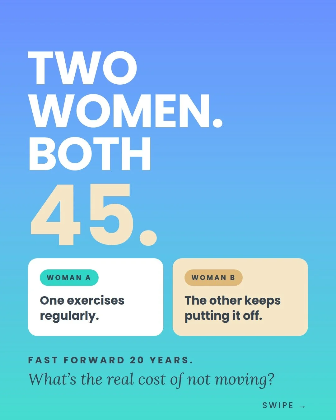 Two women. 
One makes time for exercise. The other keeps meaning to start.
Fast forward 20 years, and the gap isn&rsquo;t just about how they look. It&rsquo;s about what their bodies are capable of: the strength to get up off the floor, the balance t
