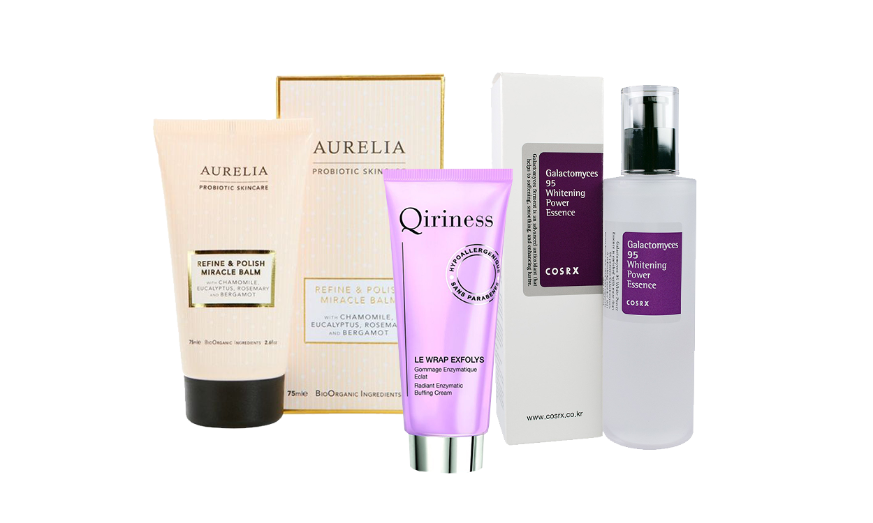 Refine & Polish Miracle Balm, Aurelia Probiotic Skincare; маска-гоммаж Le Wrap Exfolys; эссенция Galactomyces 95 Whitening Power Essence, CosRx. 