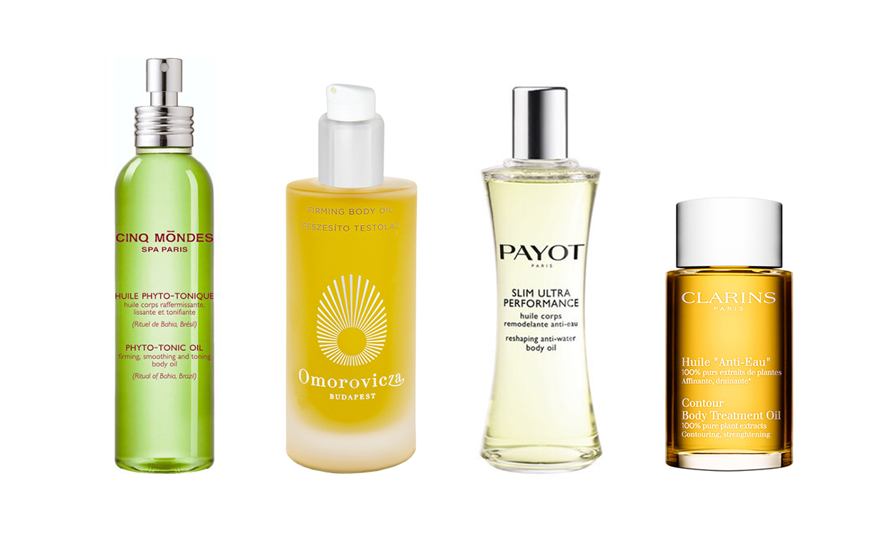 На фото: Cinq Mondes Phyto-Tonic Oil, Omorovicza Firming Body Oil, Payot Slim Ultra Performance, Clarins Anti-Eau Oil.