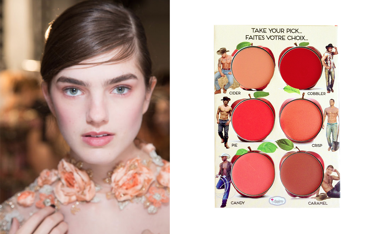 СЛЕВА - МОДЕЛЬ НА BACKSTAGE ПОКАЗА MARCHESA, СПРАВА - ПАЛЕТКА КРЕМОВЫХ РУМЯН THE BALM, PARFUMS.UA, 880 ГРН.