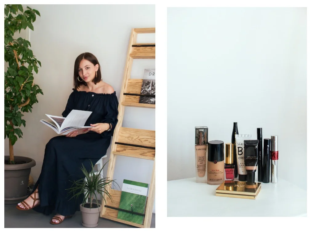 СПРАВА: ТОНАЛЬНАЯ ОСНОВА LANCOME TEINT IDOLE ULTRA 24H, ТОНАЛЬНАЯ ОСНОВА GIORGIO ARMANI POWER FABRIC, РУМЯНА YSL KISS & BLUSH, ТУШЬ ДЛЯ РЕСНИЦ LANCOME HYPNOSE, BB-КРЕМ WITCH'S POUCH, КОНСИЛЕР LANCOME, ЛАЙНЕР SHU UEMURA, ТУШЬ ДЛЯ БРОВЕЙ LANCOME, БЛЕСК ДЛЯ ГУБ YSL, СКУЛЬПТОР YSL