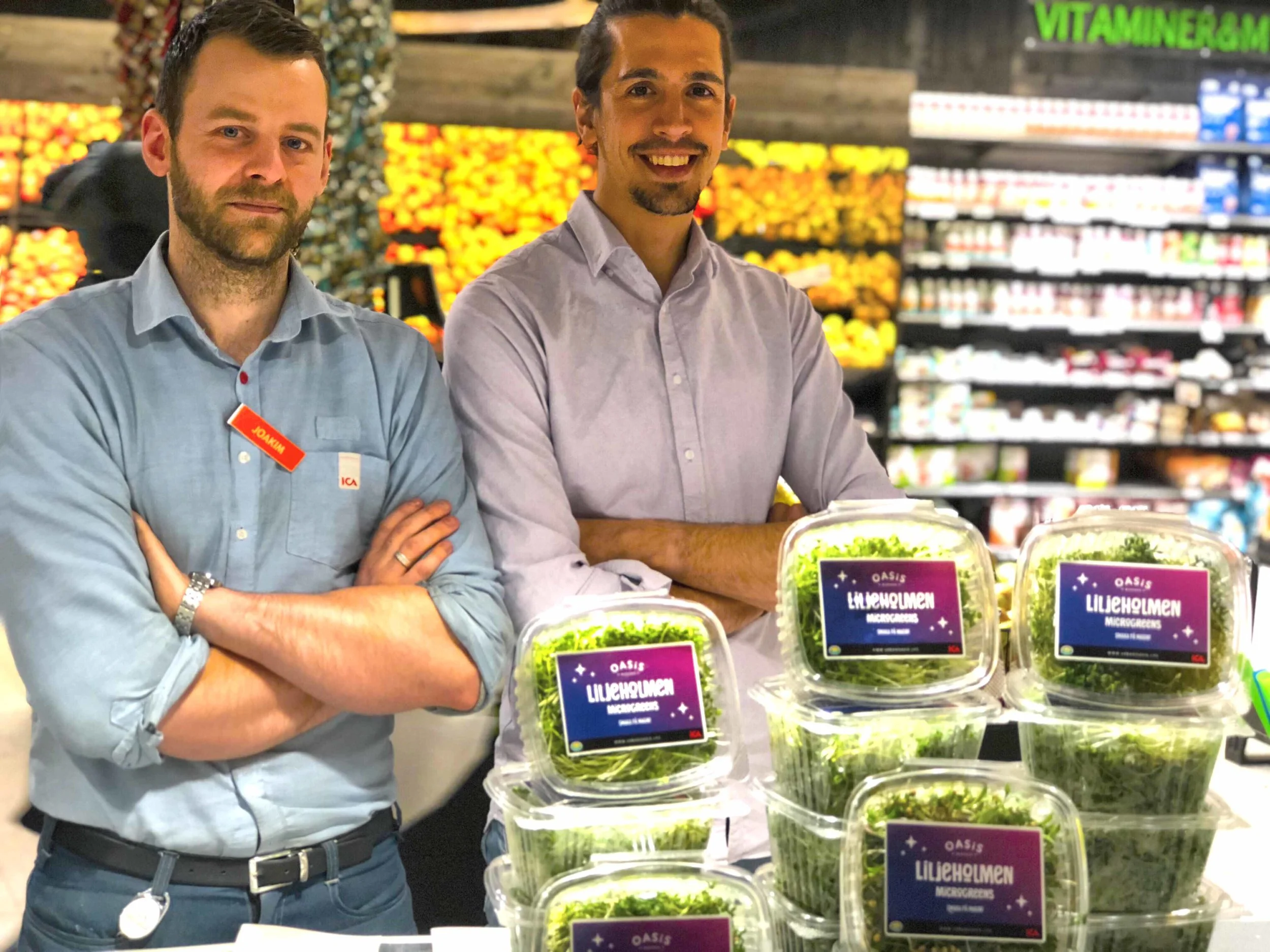 Albert Payero with a display of their products at ICA Supermarket Liljeholmen.
