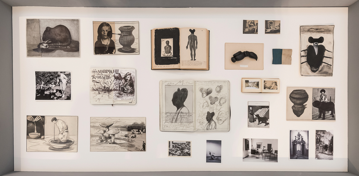 Parasite Island#1/#2: two of five table vitrines, drawings, objects, books,