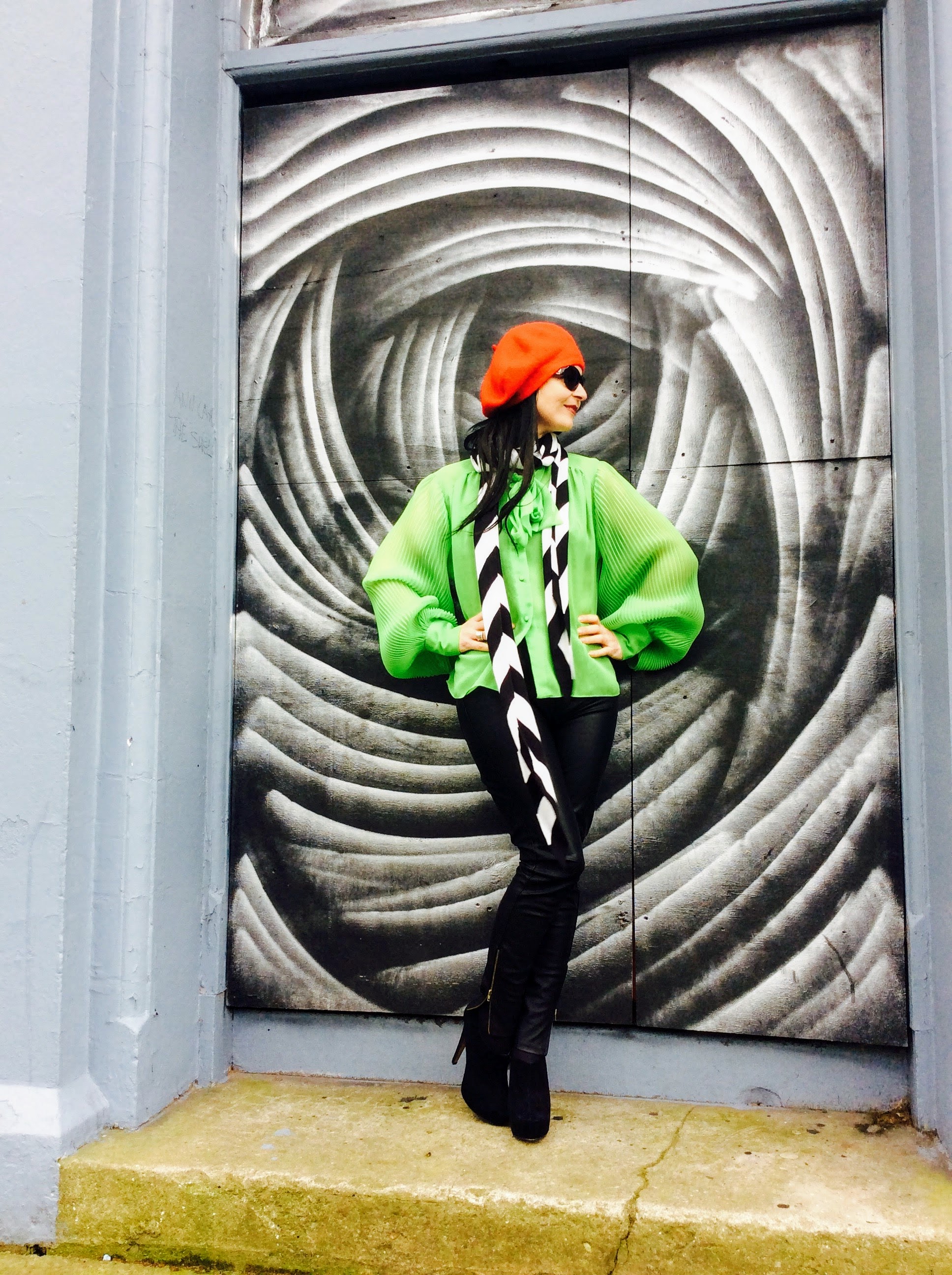 This look was achieved by working a sheer vintage apple green blouse with pleather Skinny trousers from Zara.