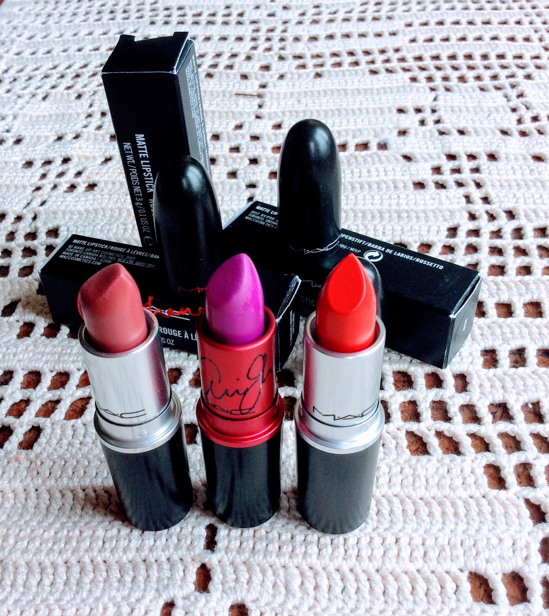 Recent purchase for my birthday 3 mac lipsticks ......left to right ..........lovely neutral shade mehr , viva glam by ariana grande and a dazzling red called red rock. these are all great shades and strong pigments as you would expect from mac. my only negative is i find them quite dry as these are all in matte formulas.