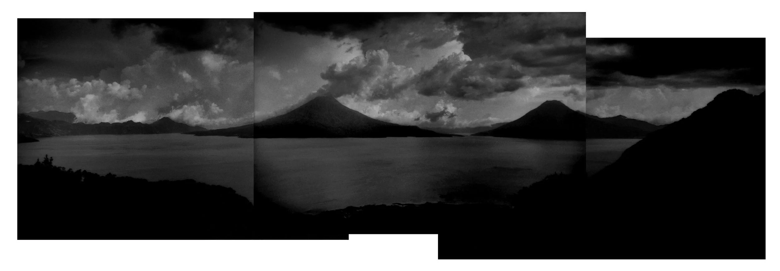 The Idyll: Storm clouds forming over the volcanoes of Lago de Atitlan, Guatemala. On my first trip to Guatemala in 1986, I was told that the far, south side of the lake was dangerous and to be avoided if possible, which I found puzzling because I had imagined the rebels hiding in the vast jungles that used to clothe El Petén to the north. The clouds seem to rise from below the horizon adding to the drama because “La Falda”, or the skirt of the volcanic mountain range, where coffee is grown, immediately drops down to the plantations of the coastal plain. A band of continuous forest clothes the mountains just above the coffee plantations which created a corridor from the Mexican border to the capital for the anti-government guerillas. In fact, Santiago Atitlan village at the foot of the tallest volcano (center) was the scene of a massacre of 13 villagers by the military four years after that first visit.