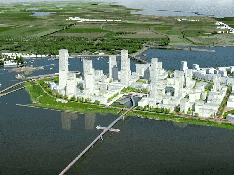 fly-over birdseye for Sluisbuurt Amsterdam a vertical neighborhood with highrise a waterfront development by Burton Hamfelt