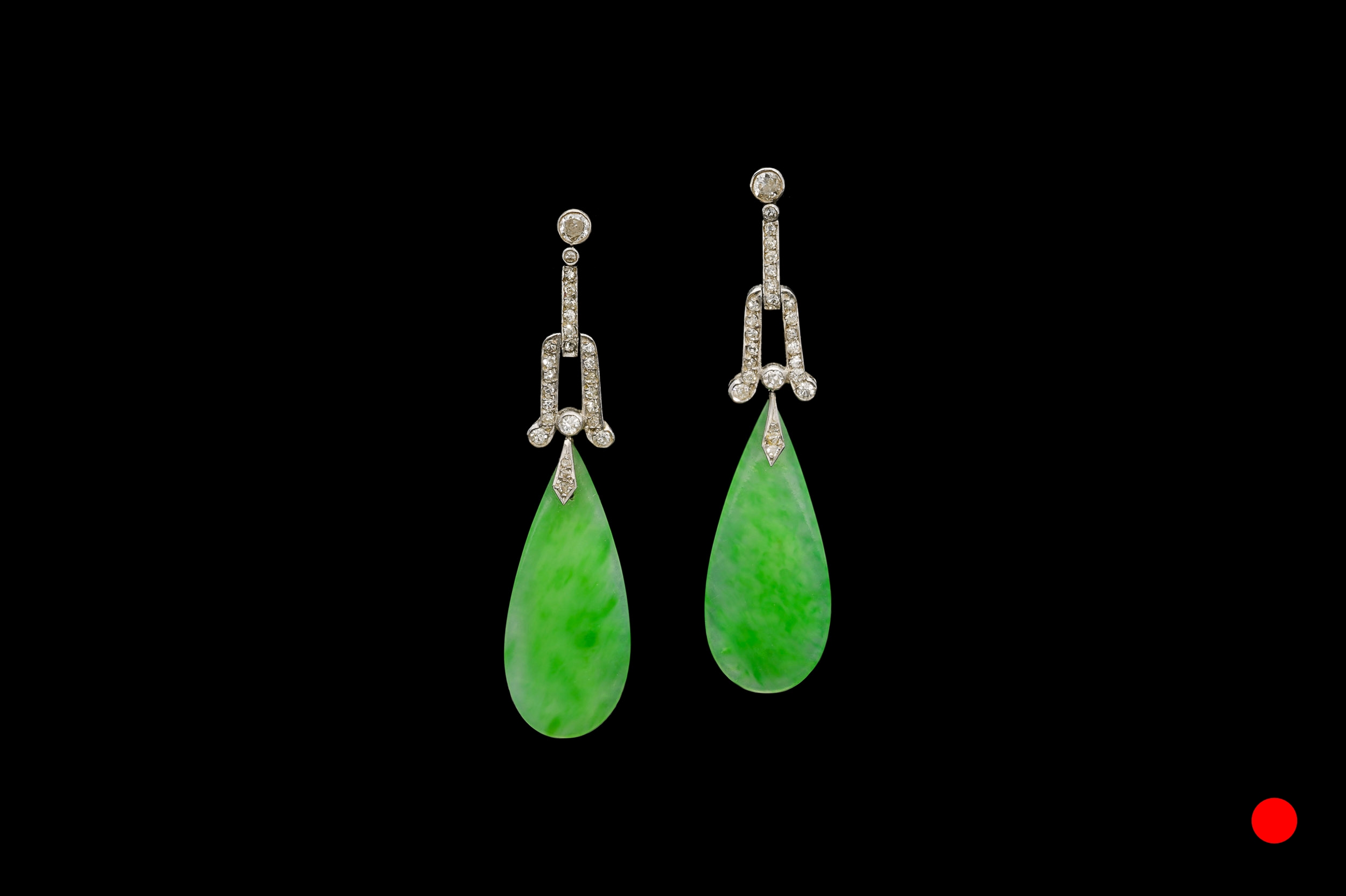 A pair of Art Deco jade and diamond drop earrings set | £9250