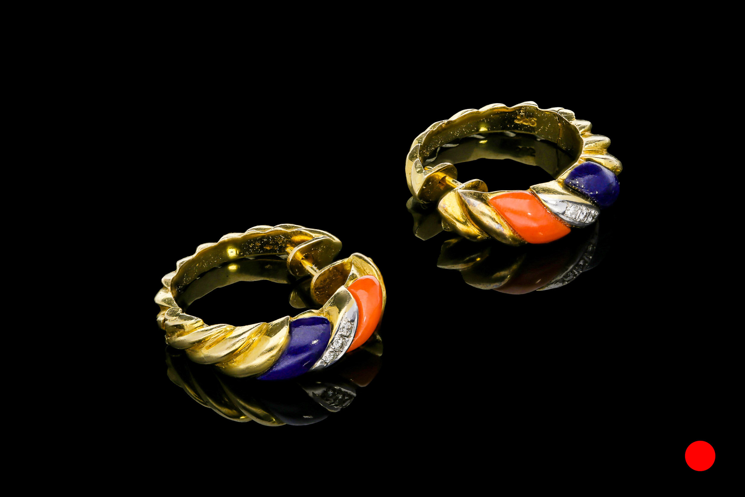 A pair of 1960's 14ct yellow gold lapis lazuli, coral and diamond set ridged hoop earrings | £2250