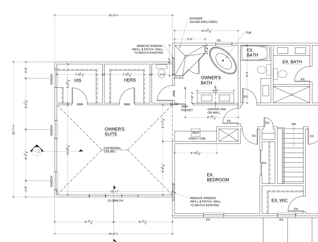 Architectural sheet A3 showing the bedroom and two closets over the garage and bathroom in the adjoining house.
