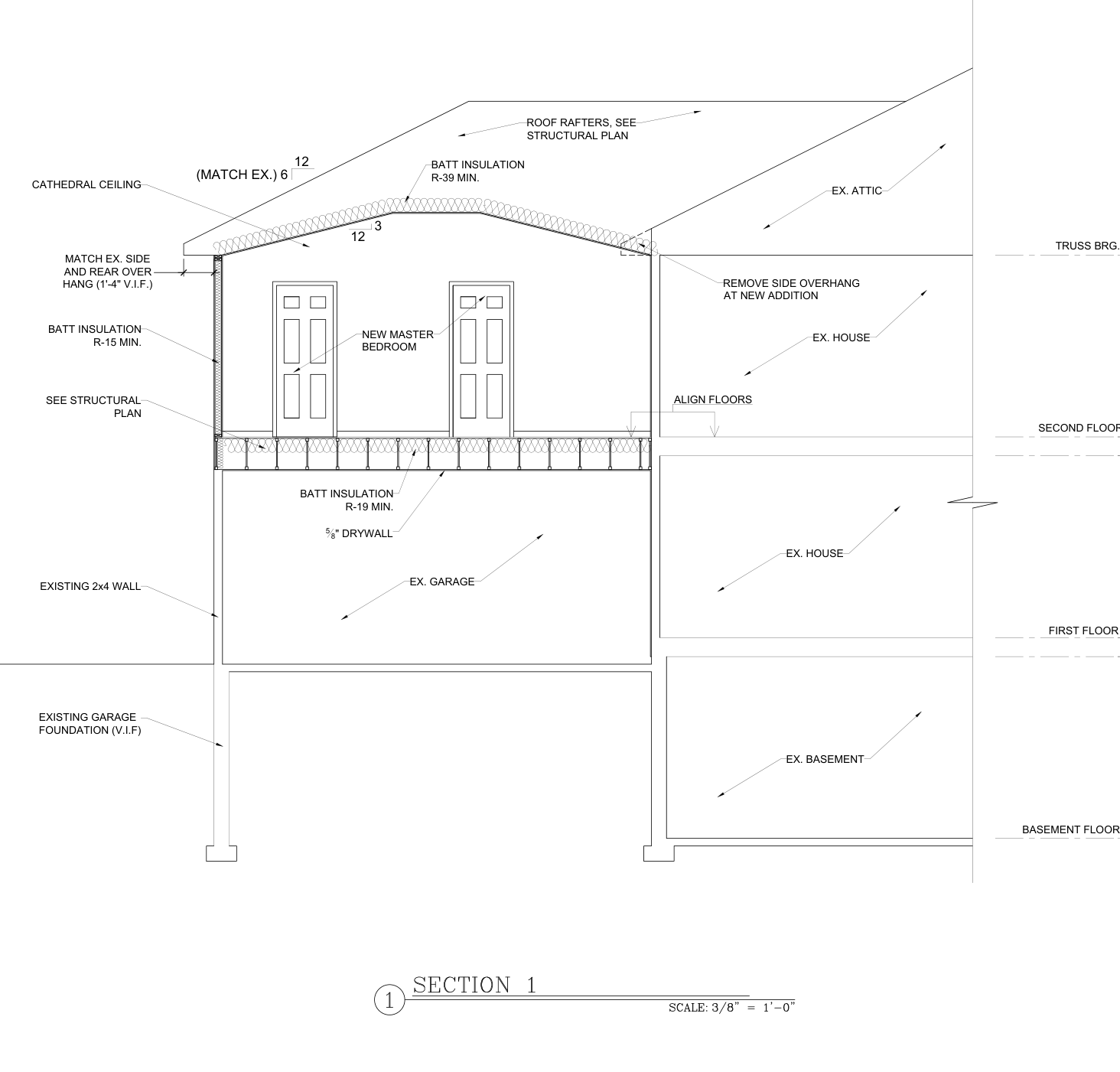 Architectural section A5 showing the new living space above the garage aligned with the existing second floor.