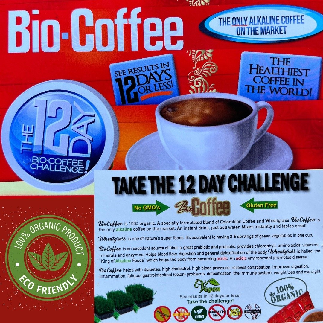 BIO-COFFEE is BACK IN STOCK!!!
Take the 12 Day Challenge with the ONLY Alkaline Coffee in the world!! ORGANIC, NON-GMO, VEGAN Coffee processed with Wheatgrass for added Vitamins, Minerals, Probiotics and Fiber! This is your one stop shop for DELICIOU