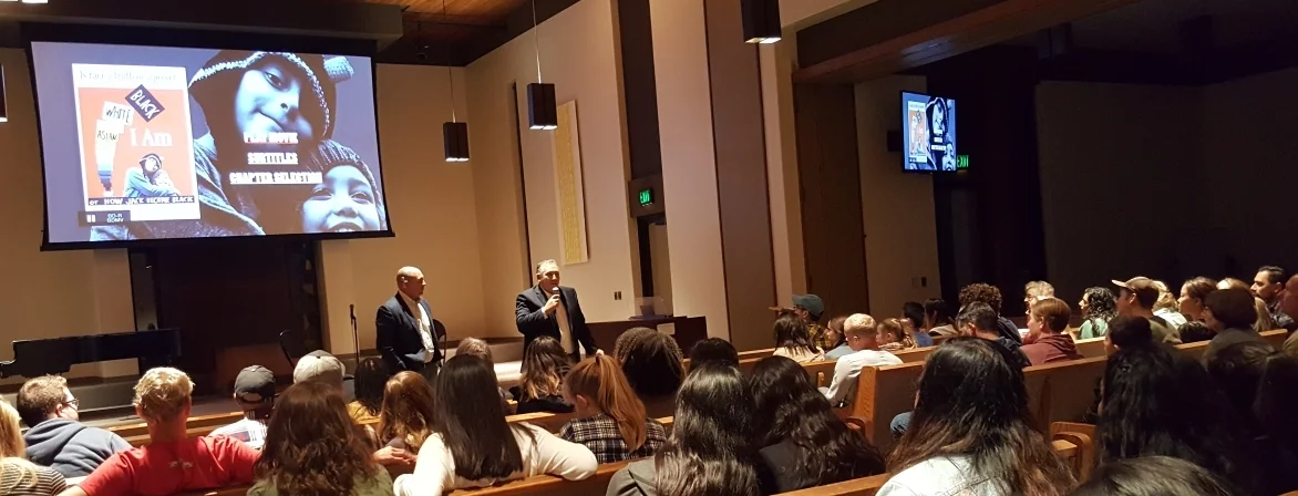 Professor Darren Guerra and Filmmaker Eli Steele during the Q&A before a packed crowd at Biola University .