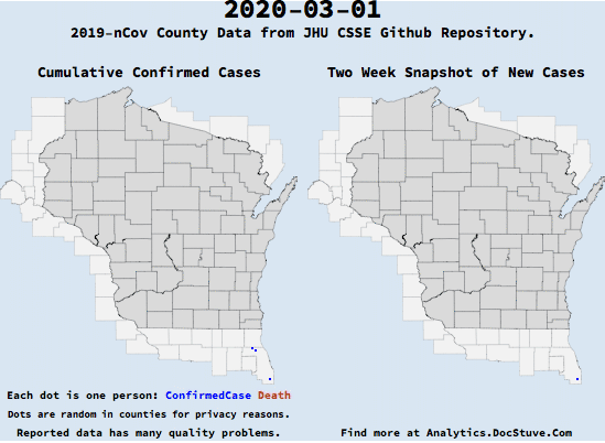 This shows the spread of confirmed cases. It is important to note that testing coverage and reporting was NOT consistent across regions and time stamps. Note that there is a couple of second pause at the end freezing on the last day.