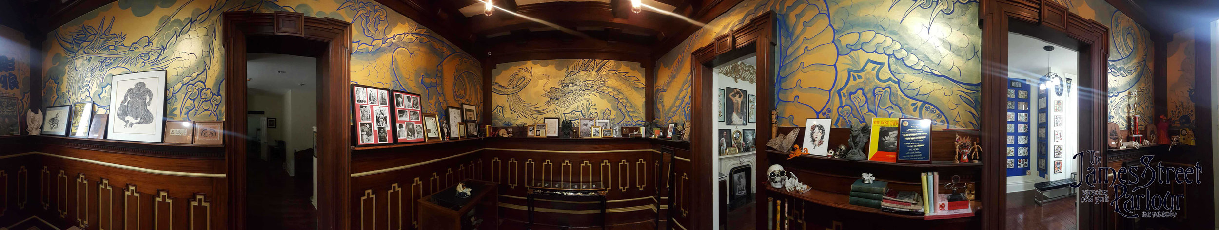 The mahogany paneling and ceiling were installed in 1907 by Thomas Ryan in what was the dinning room it now becomes The Dragon Room. 