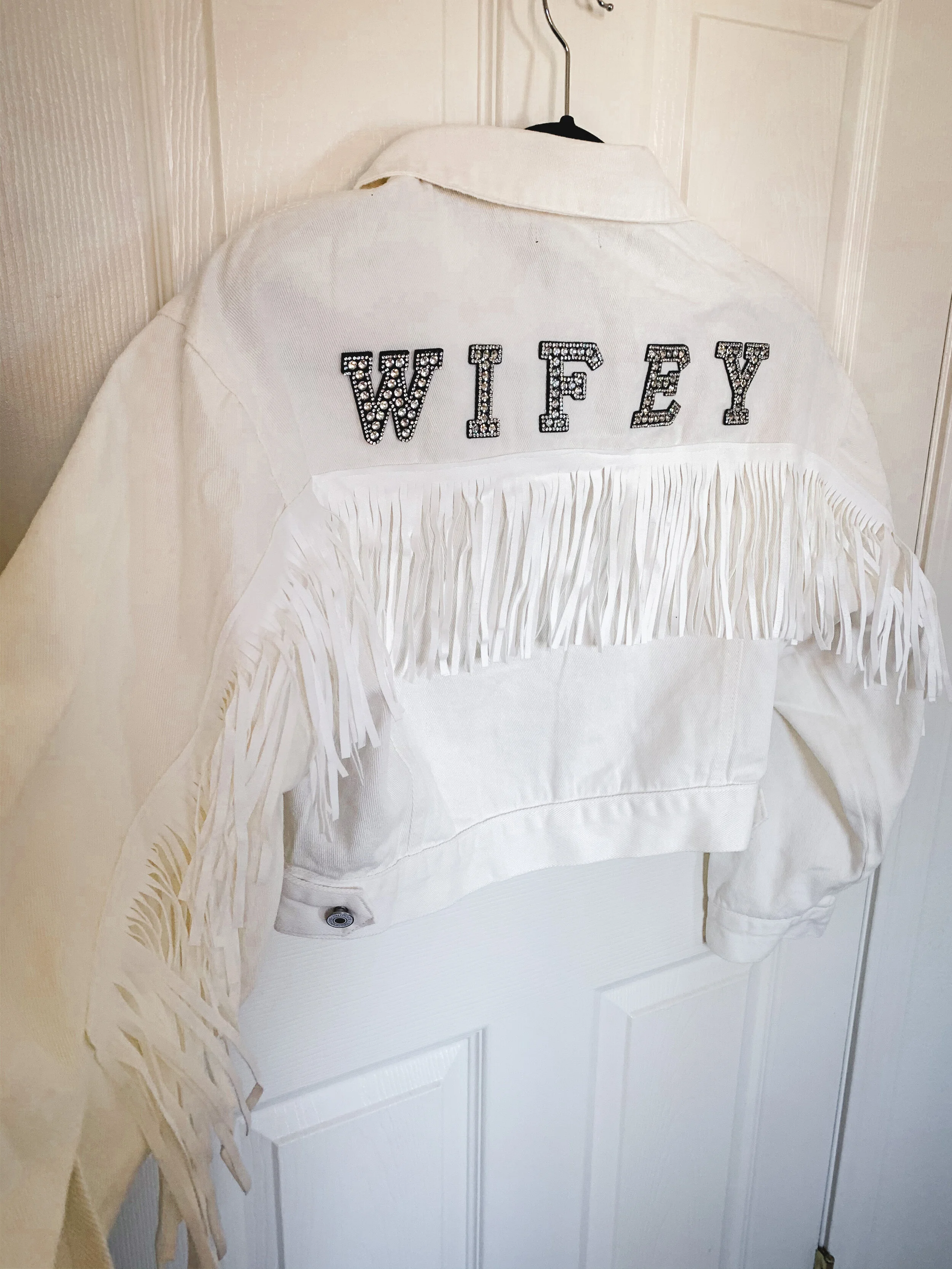 White Fringe Wifey Jacket — Nicola 