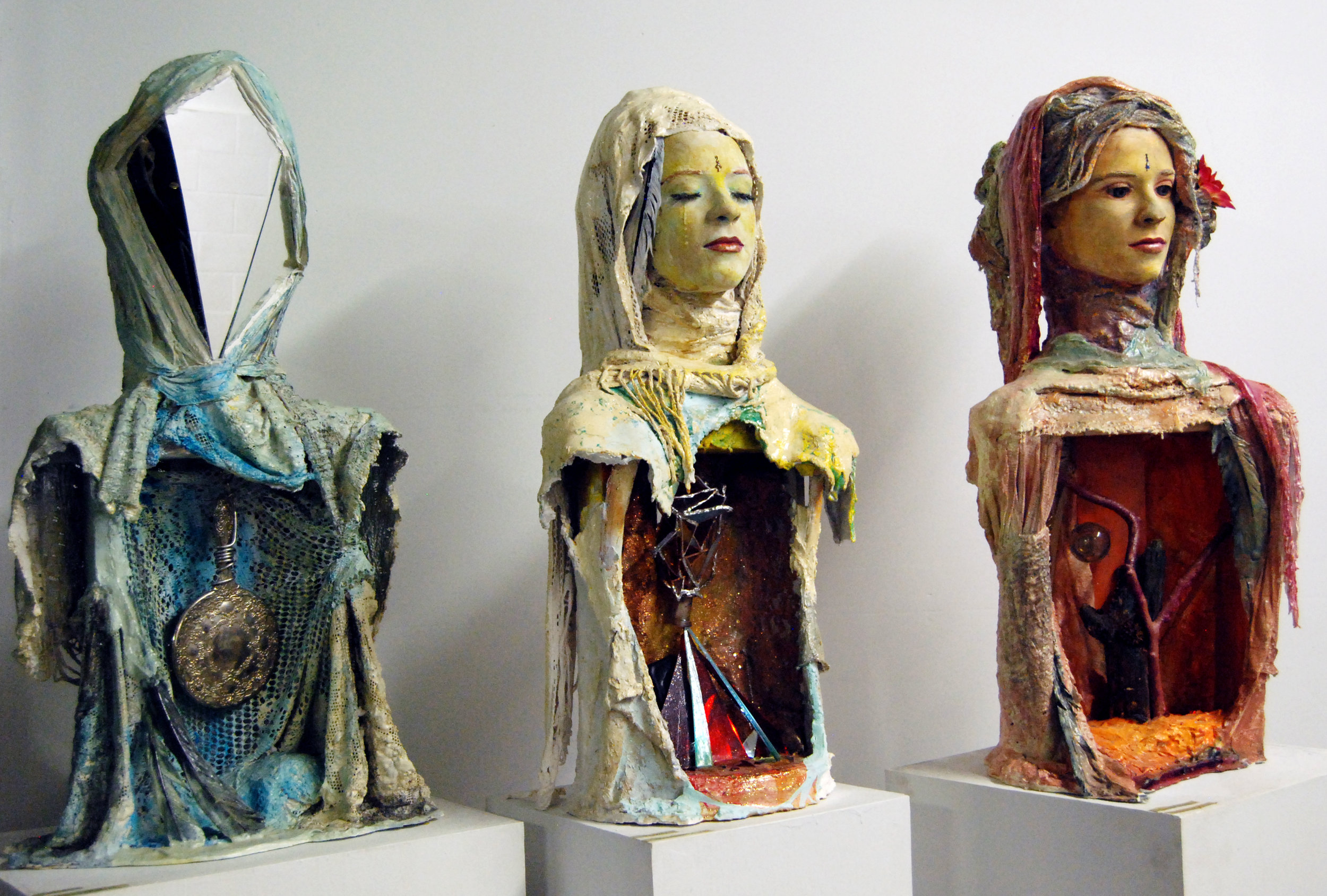 'Awakening Series; Mirror, Mending, Transformation'. made of wood, hydro-cal, glass, wire, plastic, paint, fabric. By Jenny Lee Maas